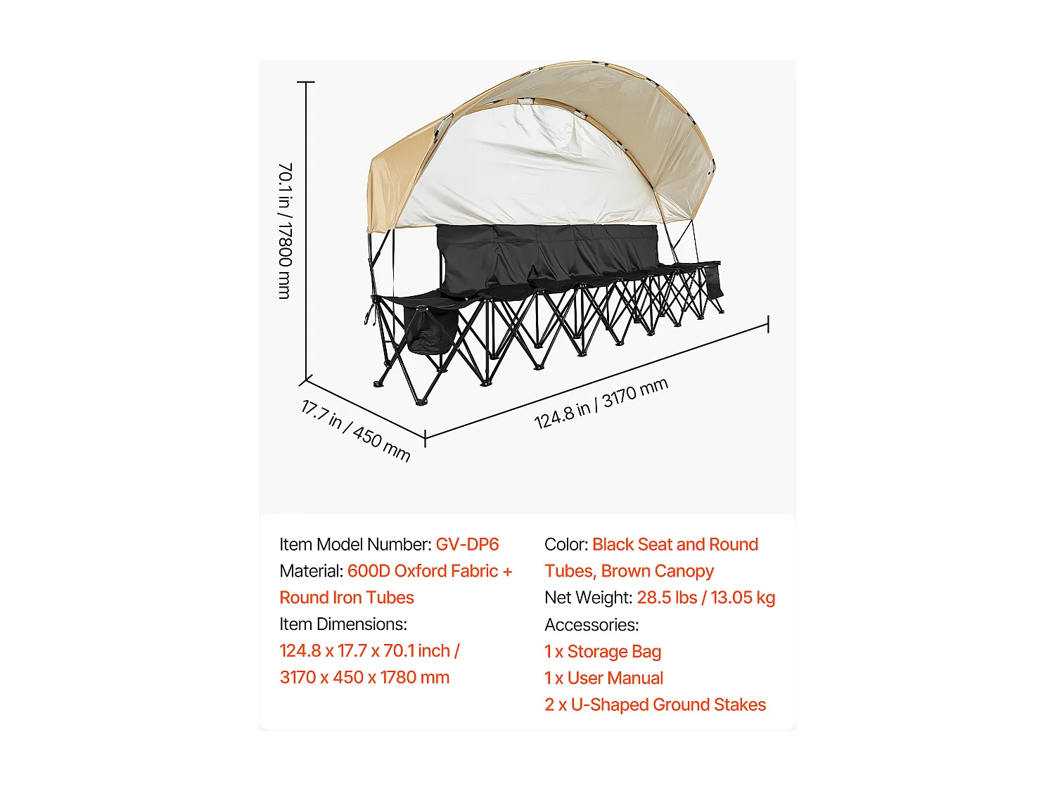 Składana Ławka SucceBuy, Przenośna, 6 Miejsc, Składana Ławka Kempingowa z Kieszeniami do Przechowywania i Torbą Transportową, do Imprez Plenerowych, Czarna