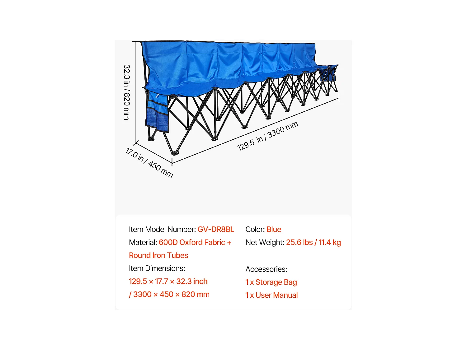 Składana Ławka SucceBuy, Przenośna, 8 Miejsc, Składana Ławka Kempingowa z Kieszeniami do Przechowywania i Torbą Transportową, do Imprez Plenerowych, Niebieska