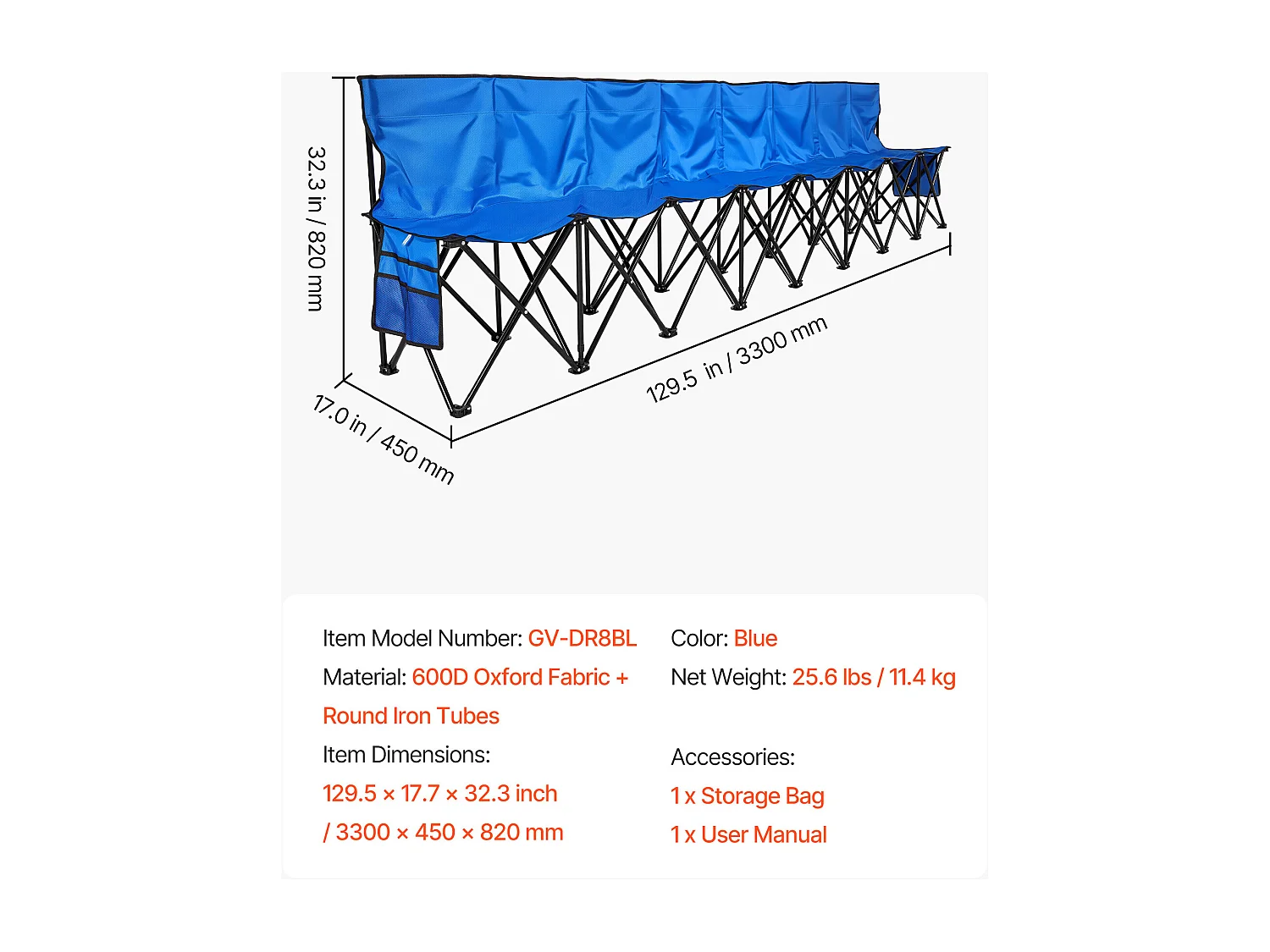 Banc Pliant SucceBuy, Portable à 8 Places, Banc de Camping Pliable avec Poches de Rangement et Sac de Transport, pour Événements en Plein Air, Bleu