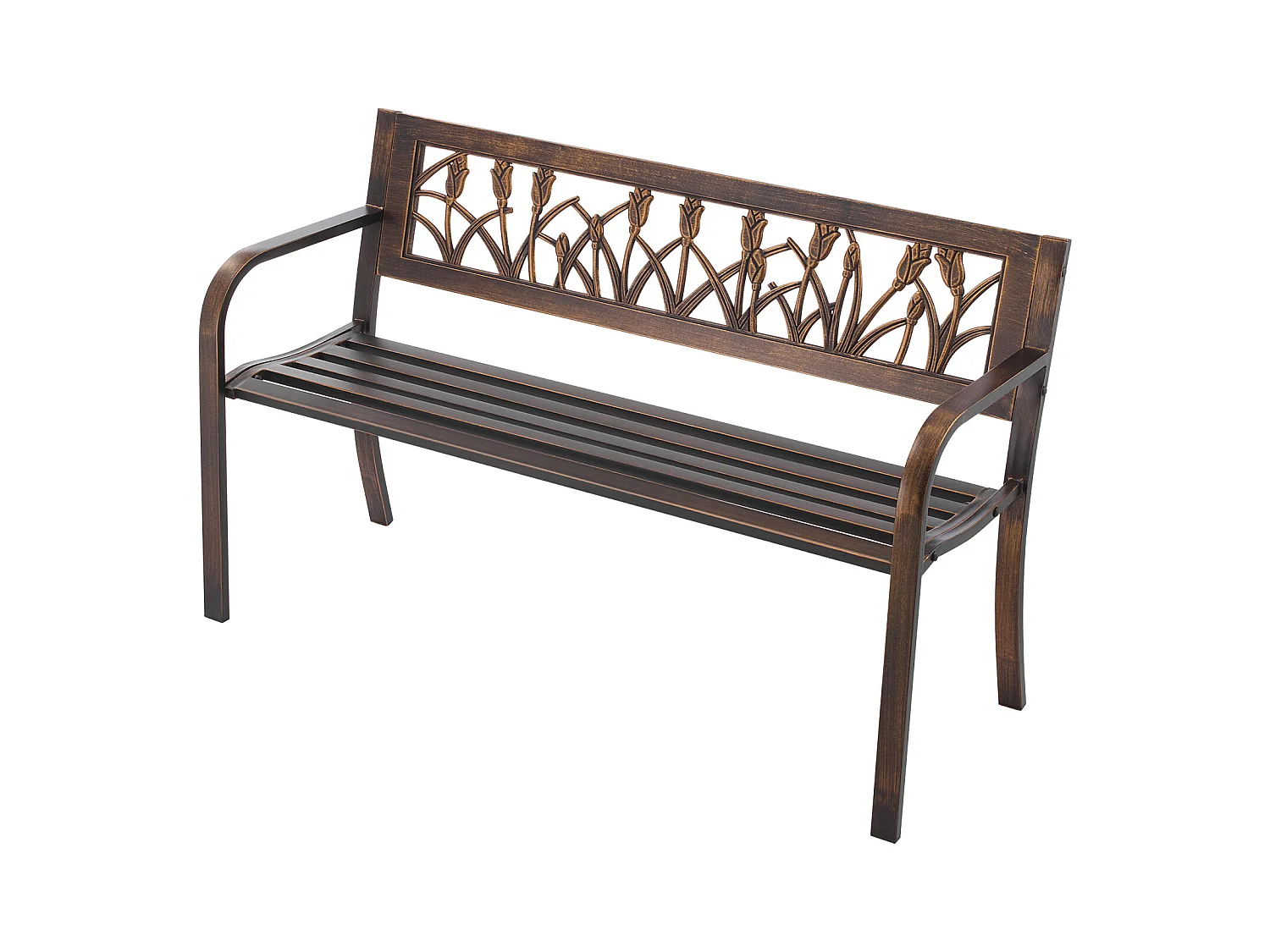 Banc de Jardin SucceBuy, 127 cm, Banquette d'Extérieur en Acier Carbone avec Dossier en PVC à Motif Floral et Accoudoirs à Bords Arrondis, Banc Résistant