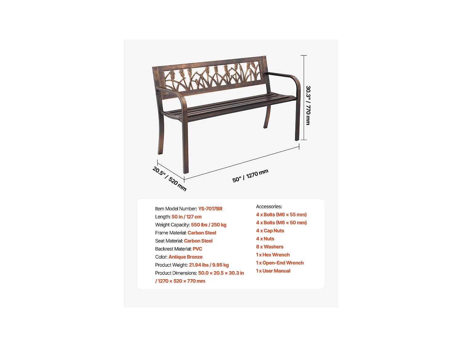 Banc de Jardin SucceBuy, 127 cm, Banquette d'Extérieur en Acier Carbone avec Dossier en PVC à Motif Floral et Accoudoirs à Bords Arrondis, Banc Résistant