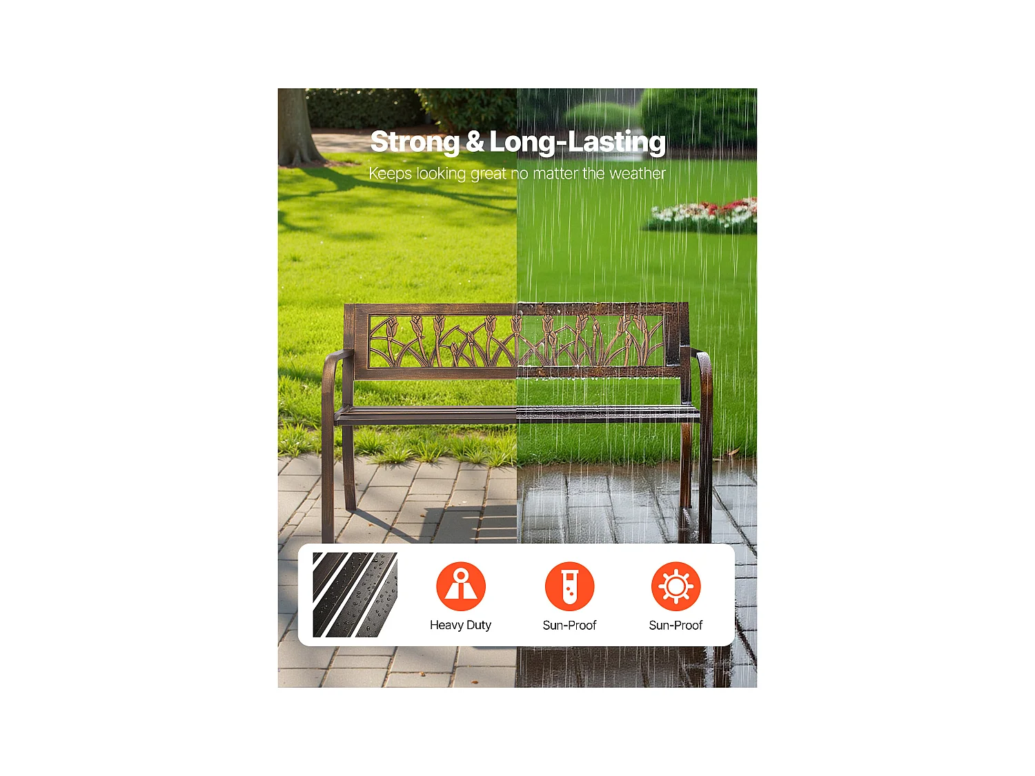 Banc de Jardin SucceBuy, 127 cm, Banquette d'Extérieur en Acier Carbone avec Dossier en PVC à Motif Floral et Accoudoirs à Bords Arrondis, Banc Résistant