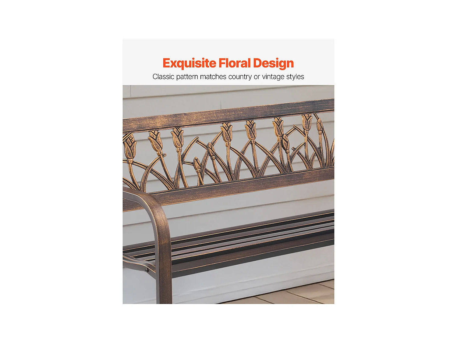Banc de Jardin SucceBuy, 127 cm, Banquette d'Extérieur en Acier Carbone avec Dossier en PVC à Motif Floral et Accoudoirs à Bords Arrondis, Banc Résistant