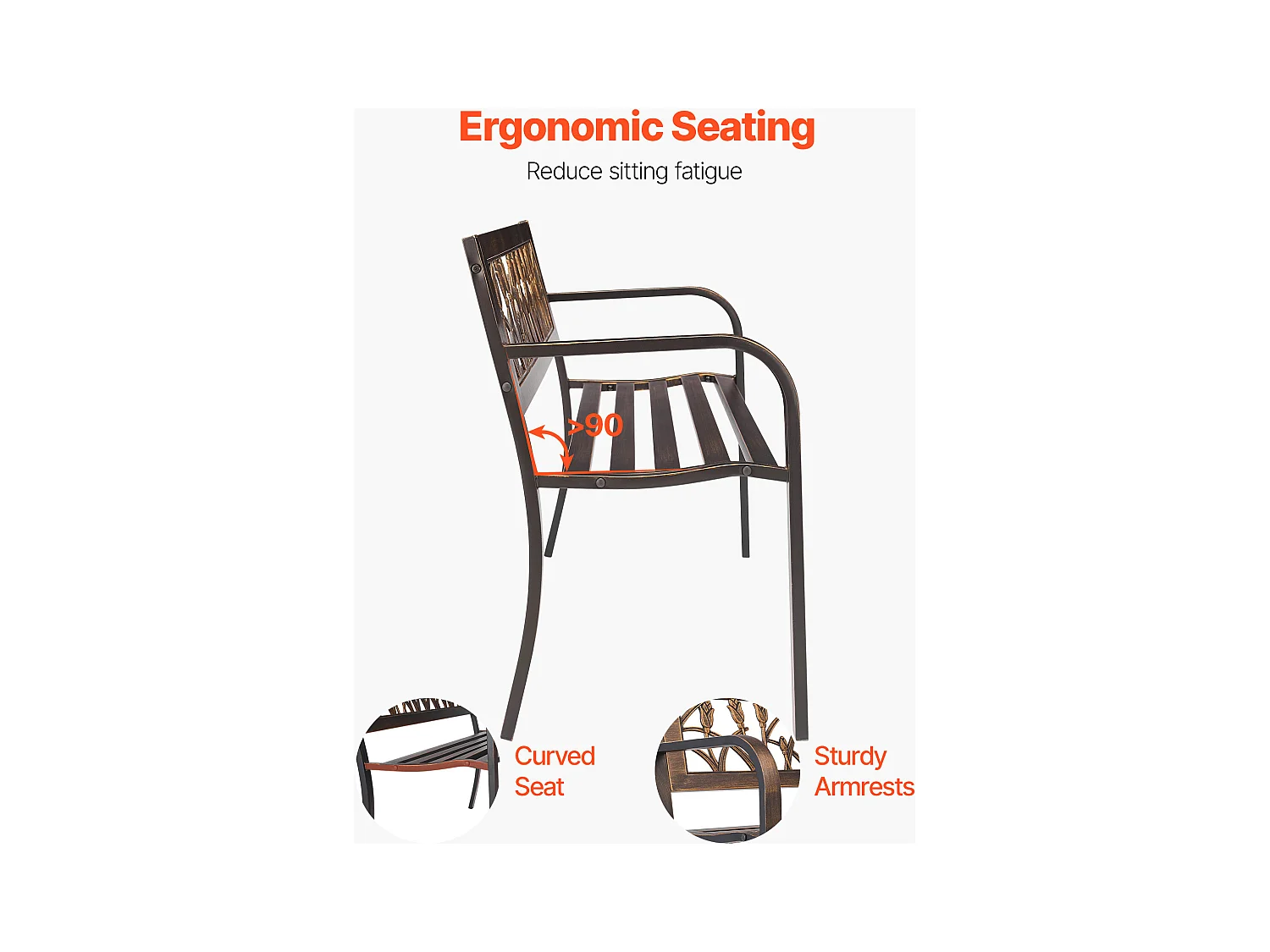 Banc de Jardin SucceBuy, 127 cm, Banquette d'Extérieur en Acier Carbone avec Dossier en PVC à Motif Floral et Accoudoirs à Bords Arrondis, Banc Résistant