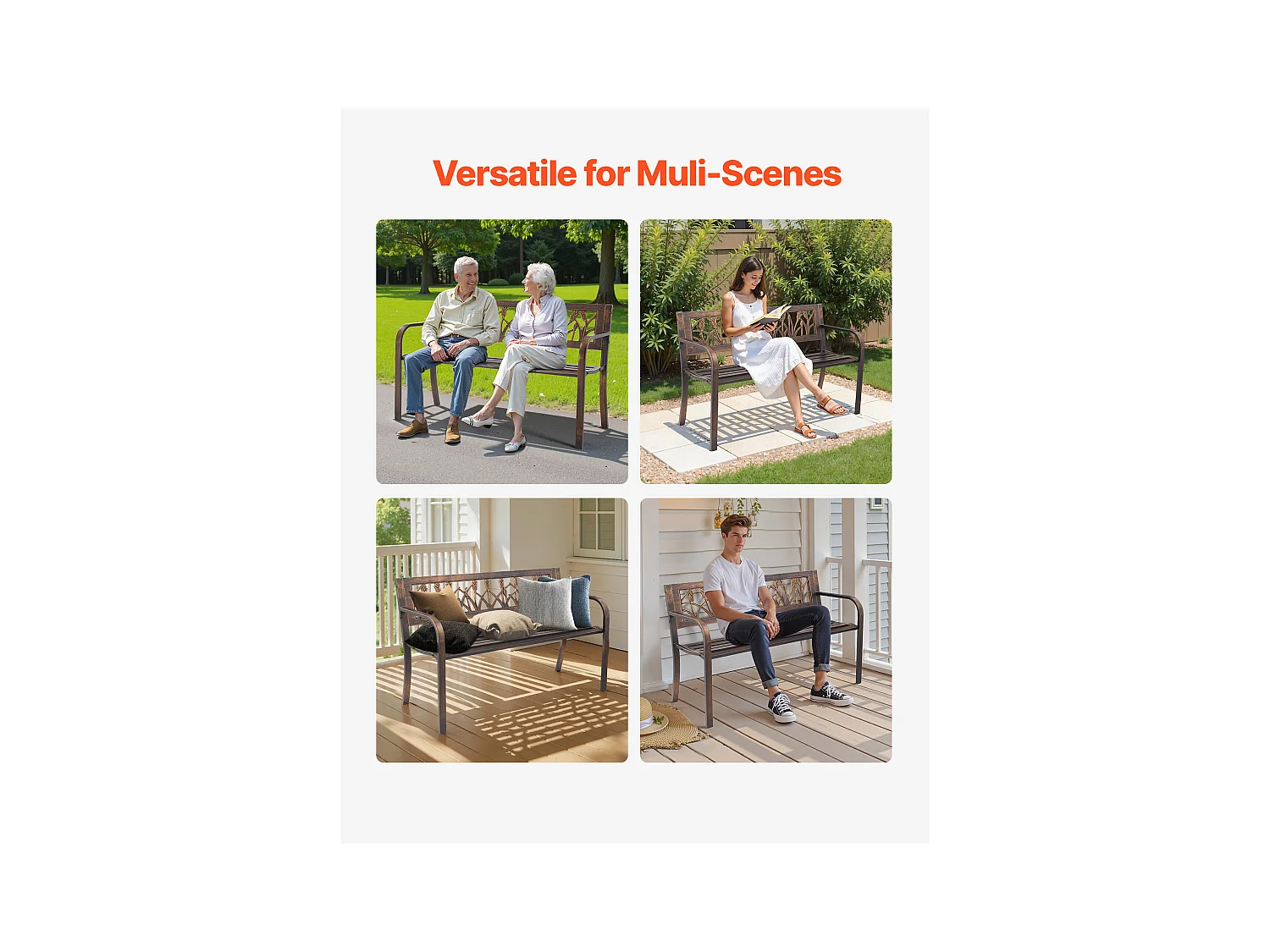 Banc de Jardin SucceBuy, 127 cm, Banquette d'Extérieur en Acier Carbone avec Dossier en PVC à Motif Floral et Accoudoirs à Bords Arrondis, Banc Résistant