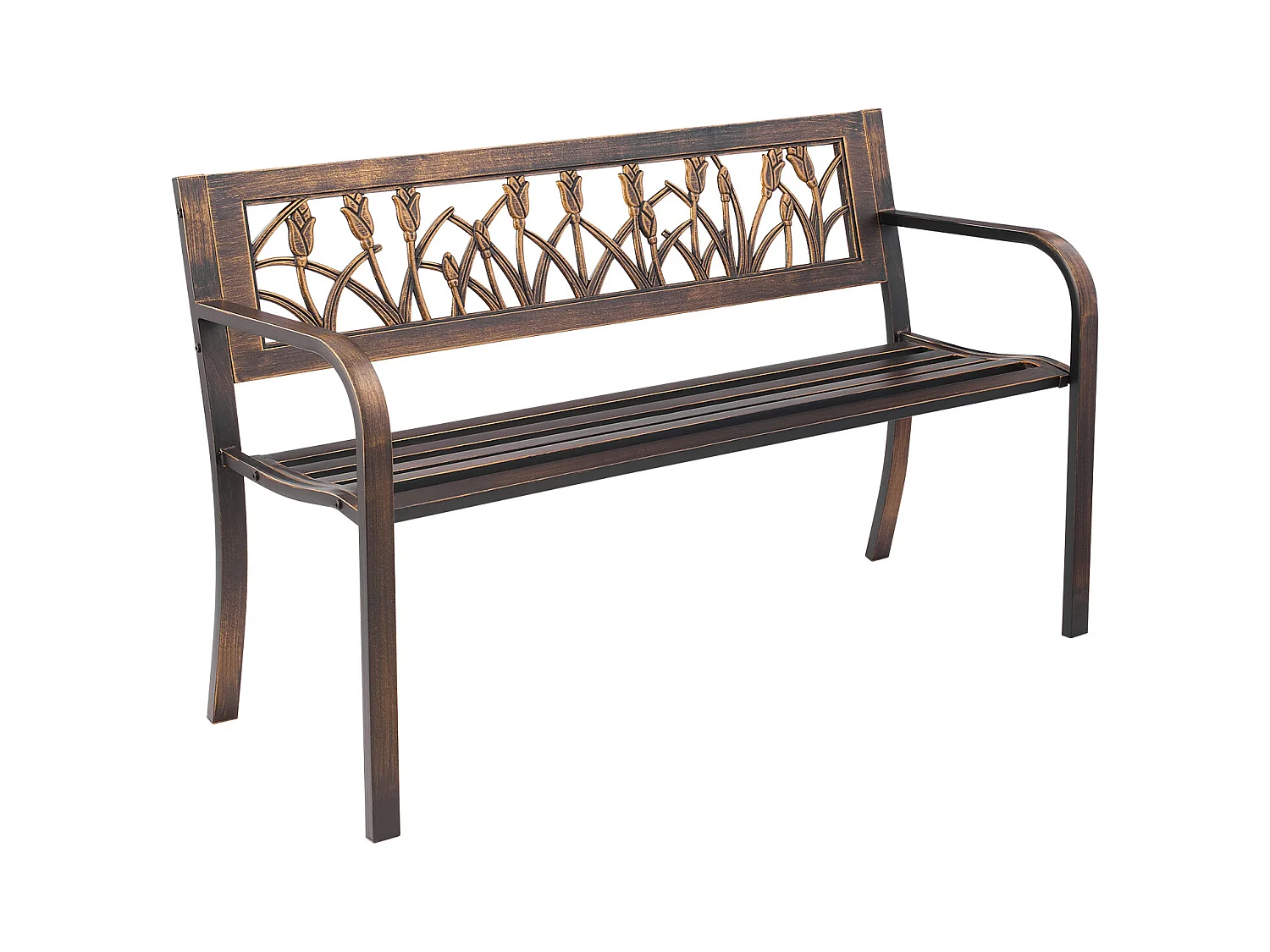 Banc de Jardin SucceBuy, 127 cm, Banquette d'Extérieur en Acier Carbone avec Dossier en PVC à Motif Floral et Accoudoirs à Bords Arrondis, Banc Résistant