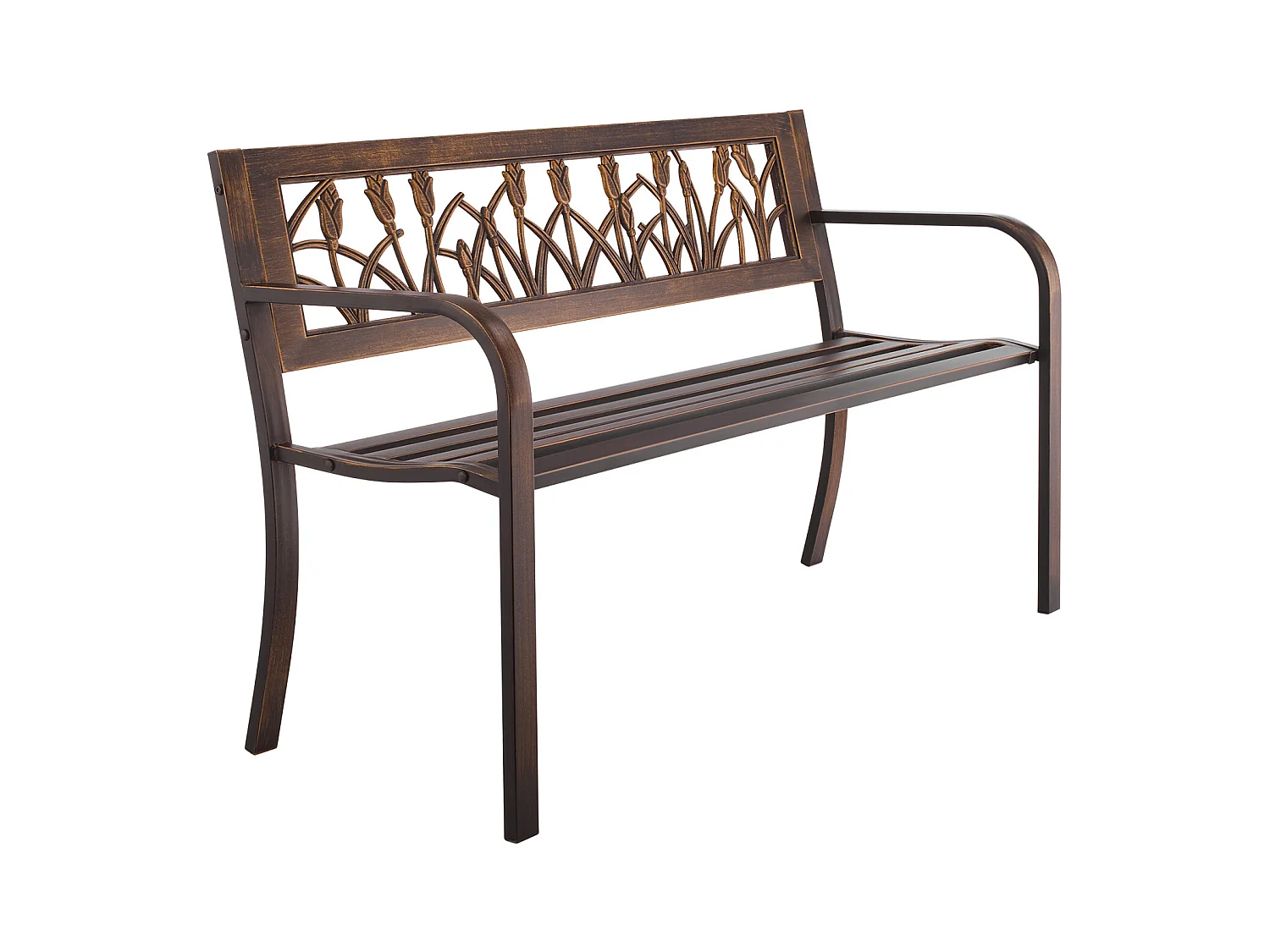 Banc de Jardin SucceBuy, 127 cm, Banquette d'Extérieur en Acier Carbone avec Dossier en PVC à Motif Floral et Accoudoirs à Bords Arrondis, Banc Résistant