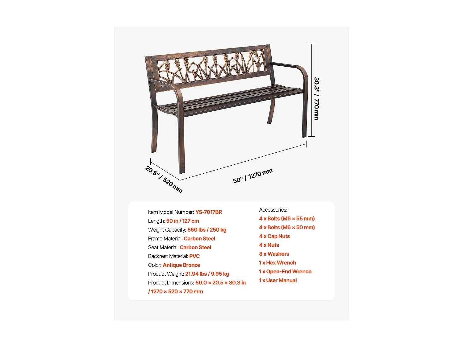Panchina da Giardino SucceBuy, 127 cm, Panchina da Esterno in Acciaio al Carbonio con Schienale in PVC a Motivo Floreale e Braccioli a Bordi Arrotondati