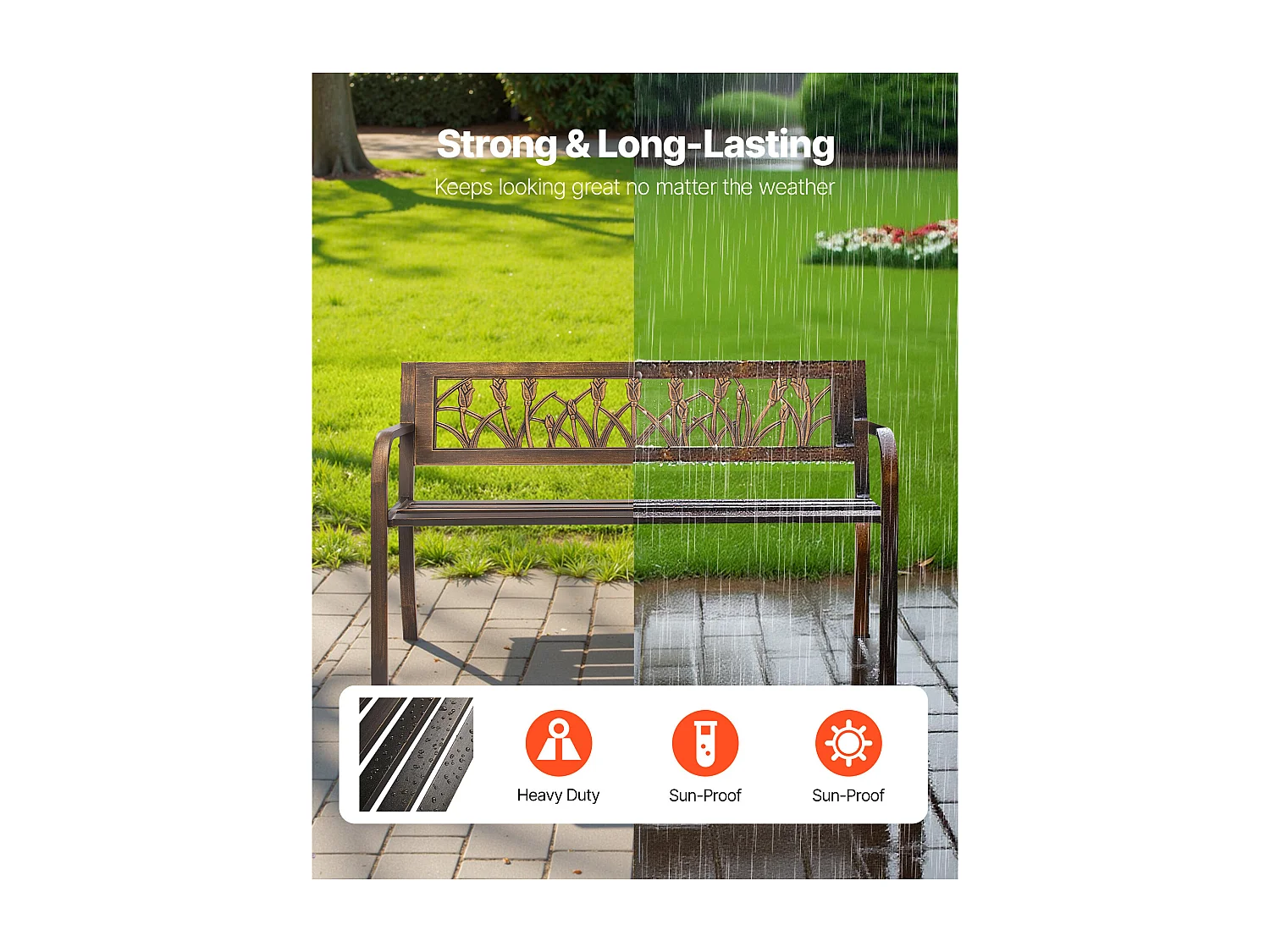 Panchina da Giardino SucceBuy, 127 cm, Panchina da Esterno in Acciaio al Carbonio con Schienale in PVC a Motivo Floreale e Braccioli a Bordi Arrotondati