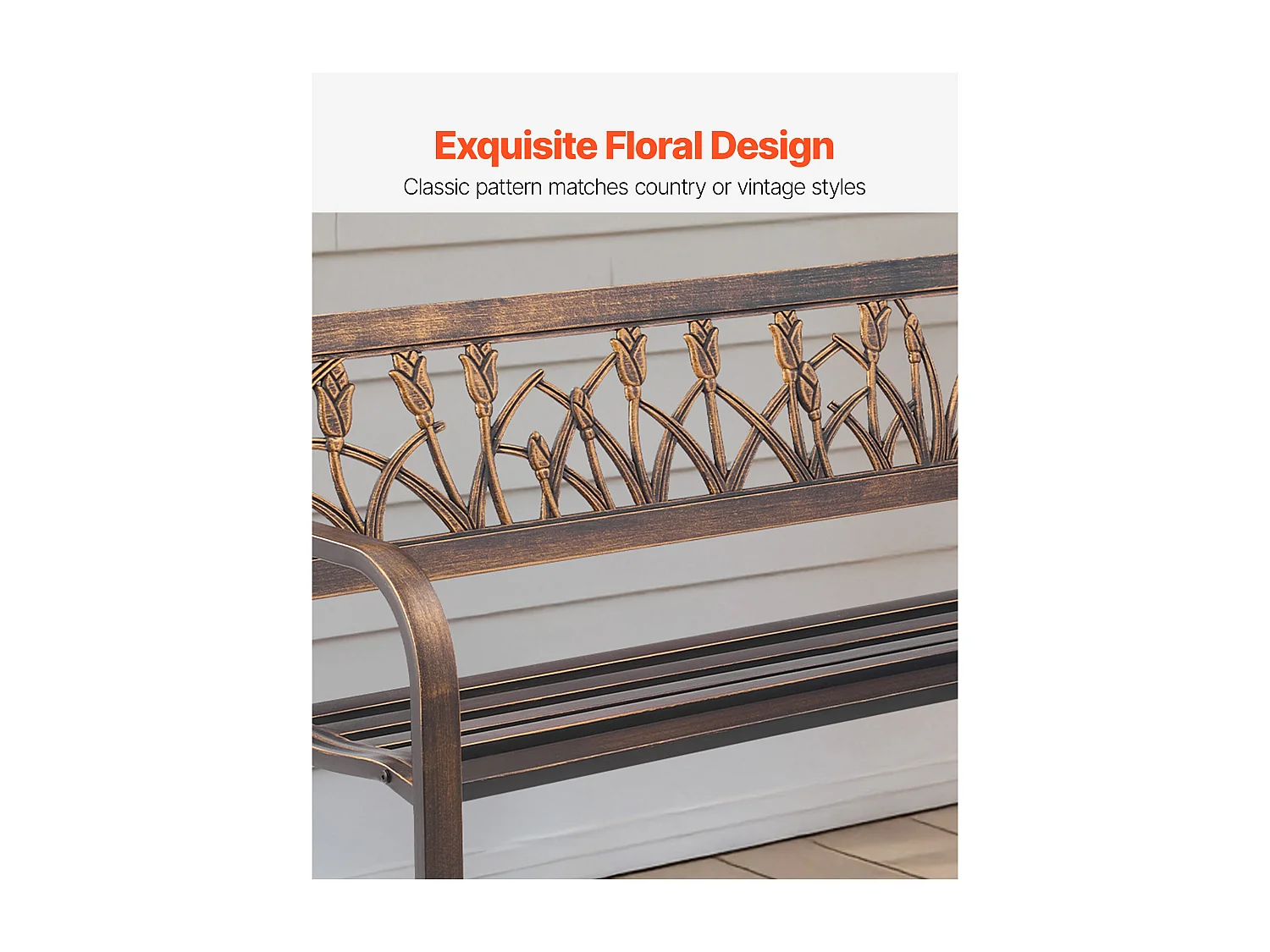 Panchina da Giardino SucceBuy, 127 cm, Panchina da Esterno in Acciaio al Carbonio con Schienale in PVC a Motivo Floreale e Braccioli a Bordi Arrotondati