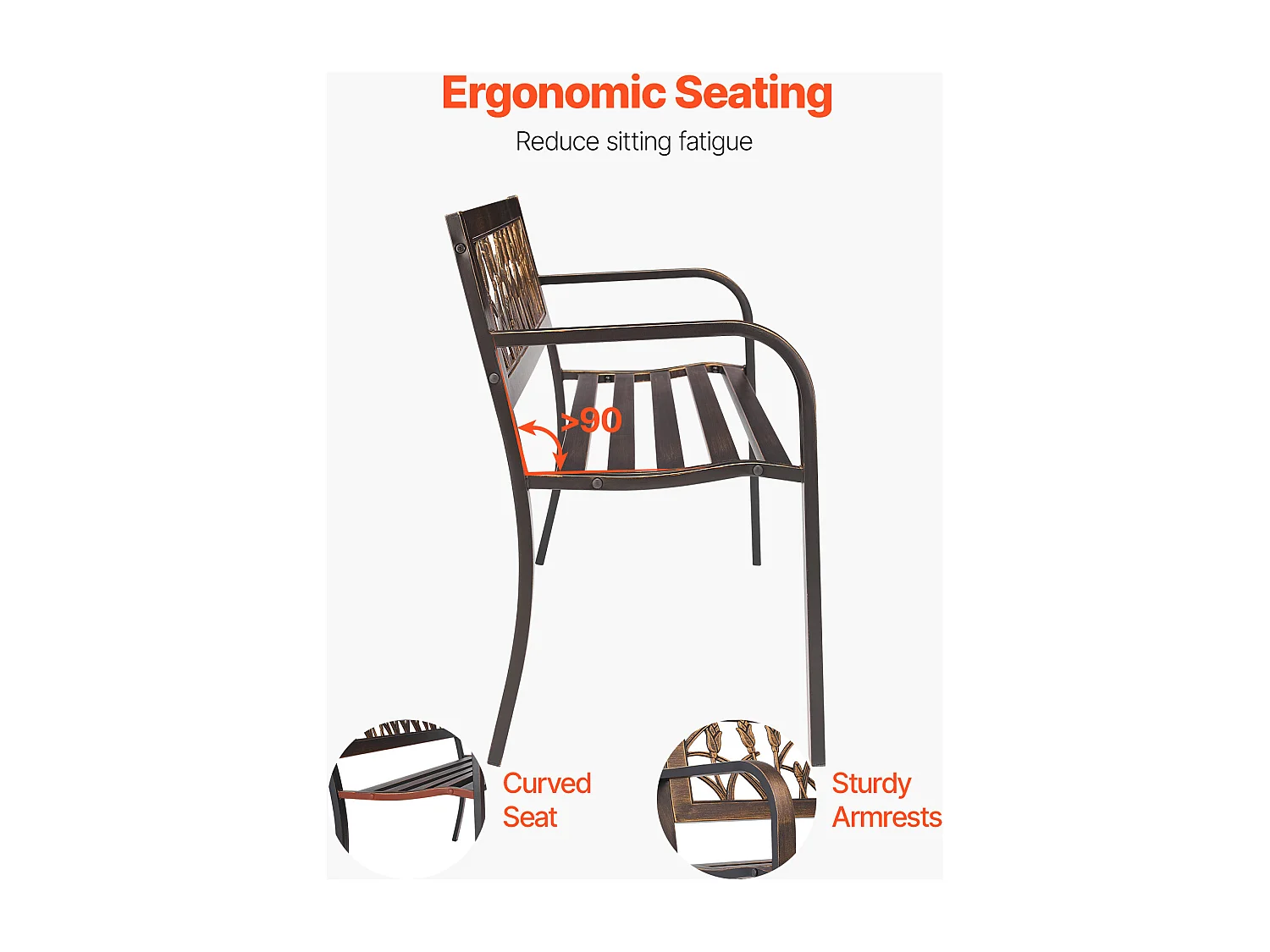 Panchina da Giardino SucceBuy, 127 cm, Panchina da Esterno in Acciaio al Carbonio con Schienale in PVC a Motivo Floreale e Braccioli a Bordi Arrotondati