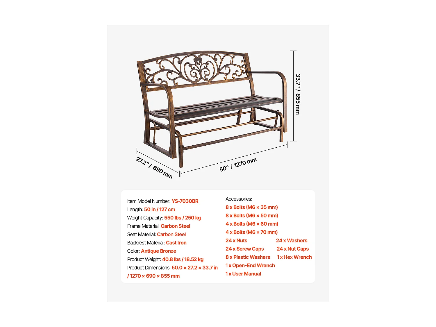 Tuinbank SucceBuy, 127 cm, Outdoorbank van Koolstofstaal met Gietijzeren Rugleuning en Armleuningen met Afgeronde Randen, Weerbestendige Outdoorbank