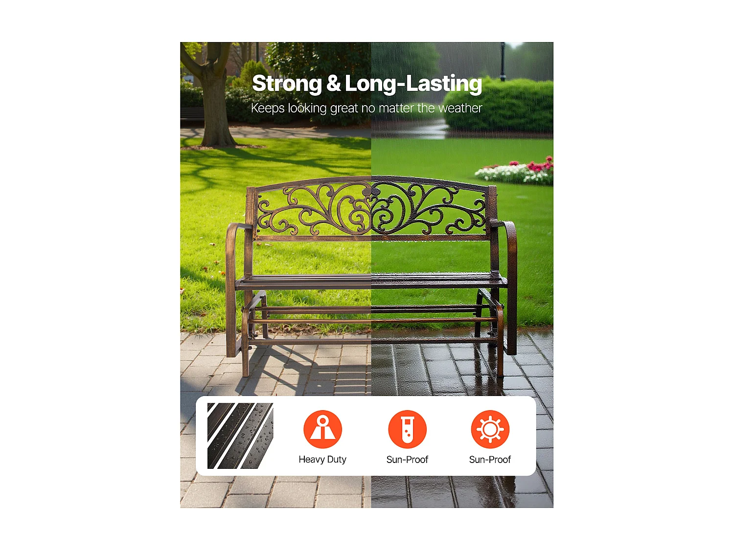 Tuinbank SucceBuy, 127 cm, Outdoorbank van Koolstofstaal met Gietijzeren Rugleuning en Armleuningen met Afgeronde Randen, Weerbestendige Outdoorbank