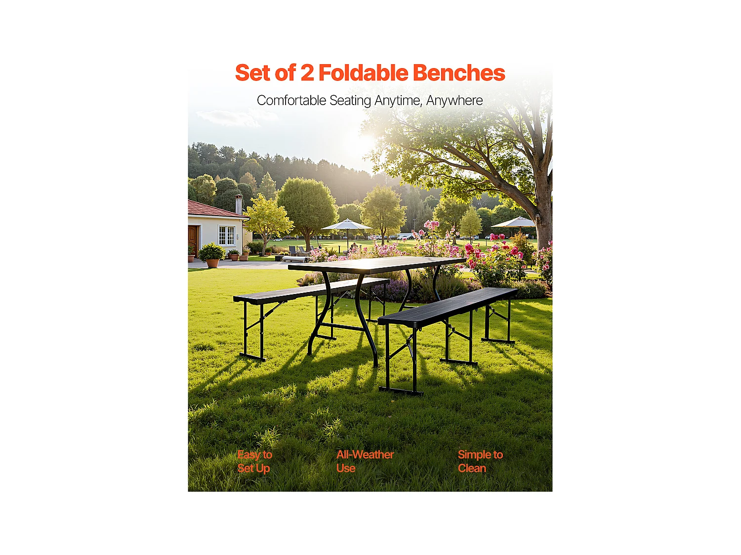 Składana Ławka SucceBuy, Przenośna, Plastikowa, 182,5 Cm, Ławka Kempingowa, z 2 Torbami Transportowymi, do Piłki Nożnej, Kempingu, Ogrodu, Czarna, 2 Sztuki