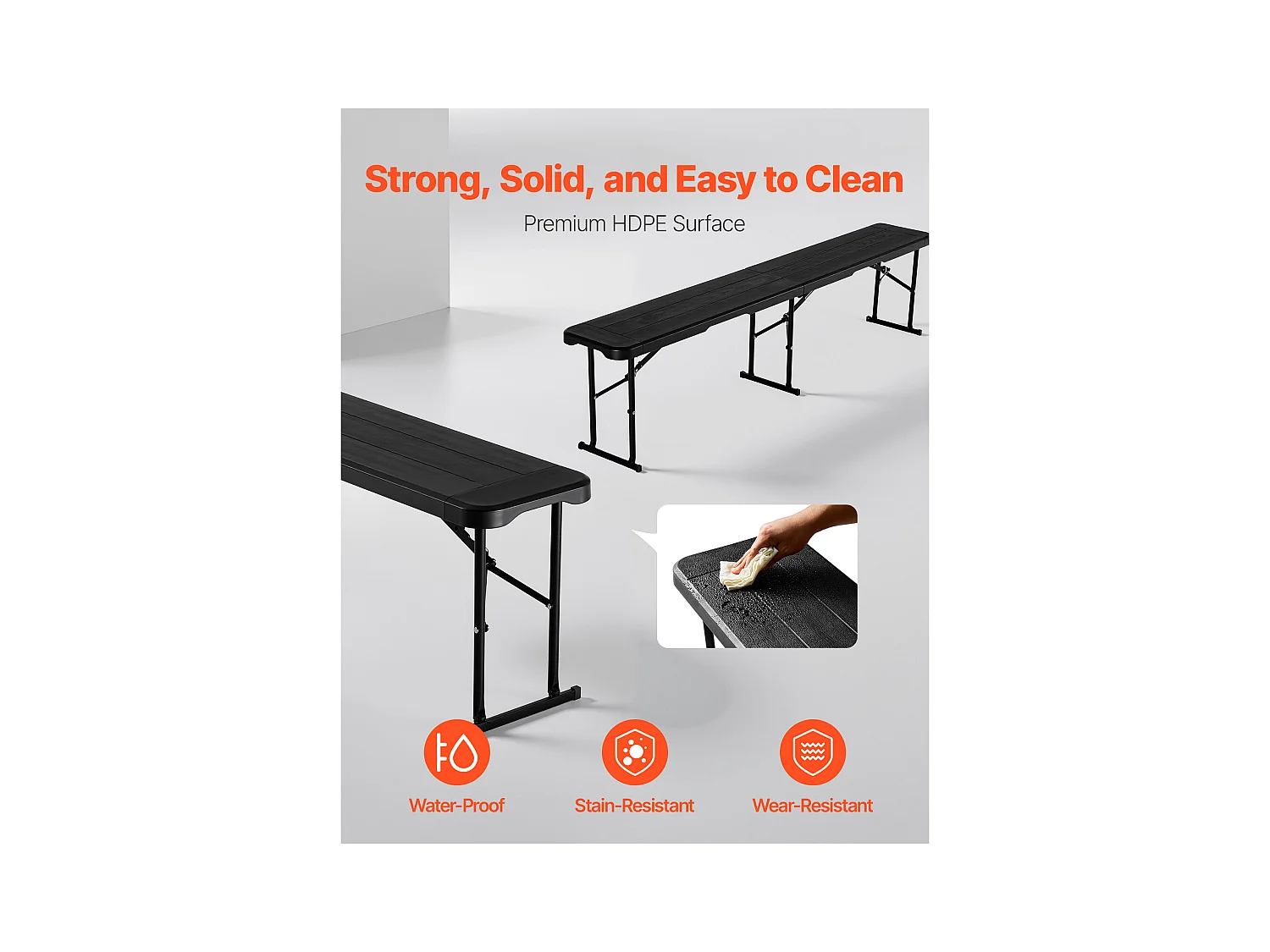 Składana Ławka SucceBuy, Przenośna, Plastikowa, 182,5 Cm, Ławka Kempingowa, z 2 Torbami Transportowymi, do Piłki Nożnej, Kempingu, Ogrodu, Czarna, 2 Sztuki