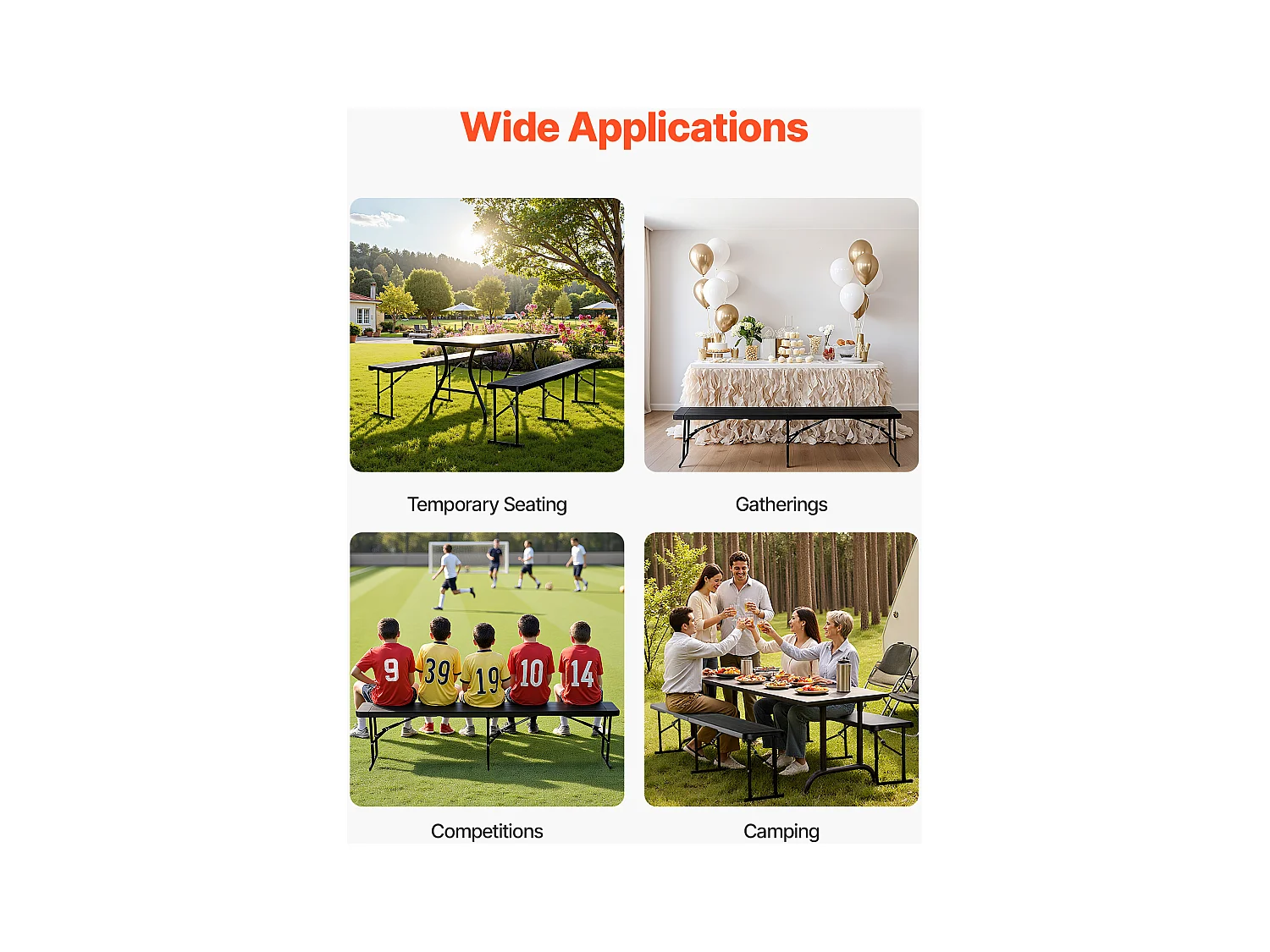 Składana Ławka SucceBuy, Przenośna, Plastikowa, 182,5 Cm, Ławka Kempingowa, z 2 Torbami Transportowymi, do Piłki Nożnej, Kempingu, Ogrodu, Czarna, 2 Sztuki