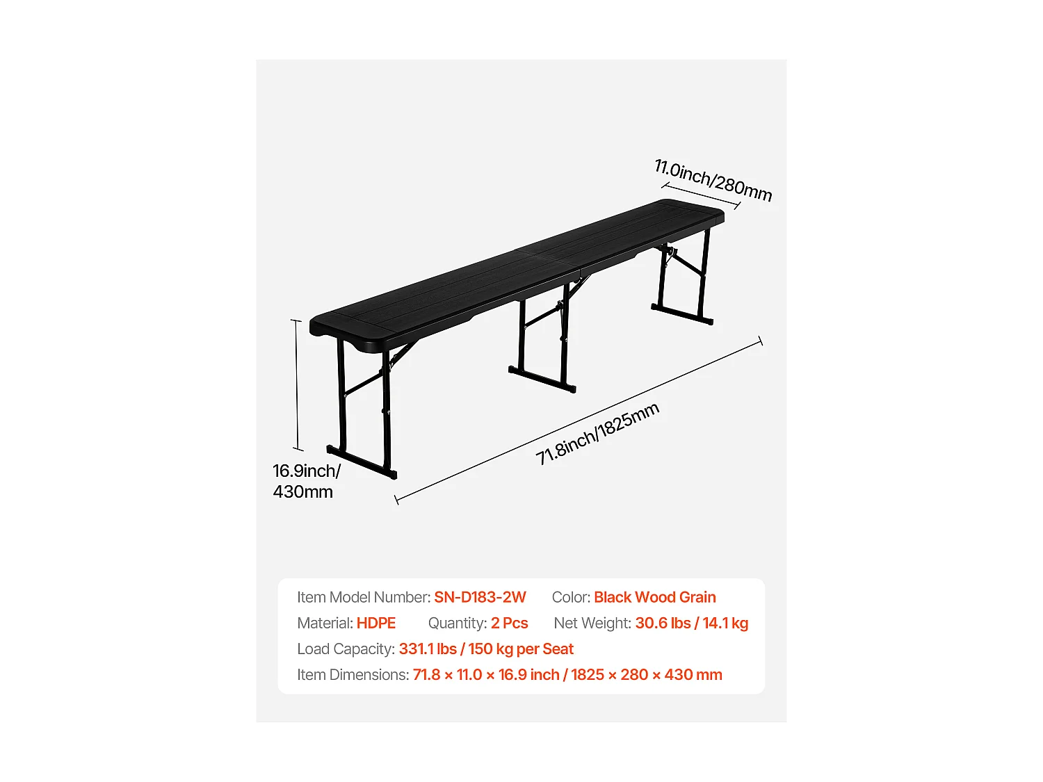 Banc Pliant SucceBuy, Portable en Plastique, 182,5 Cm, Banc de Camping, avec 2 Sacs de Transport, pour Football, Camping, Jardin, Noir, 2 Pièces