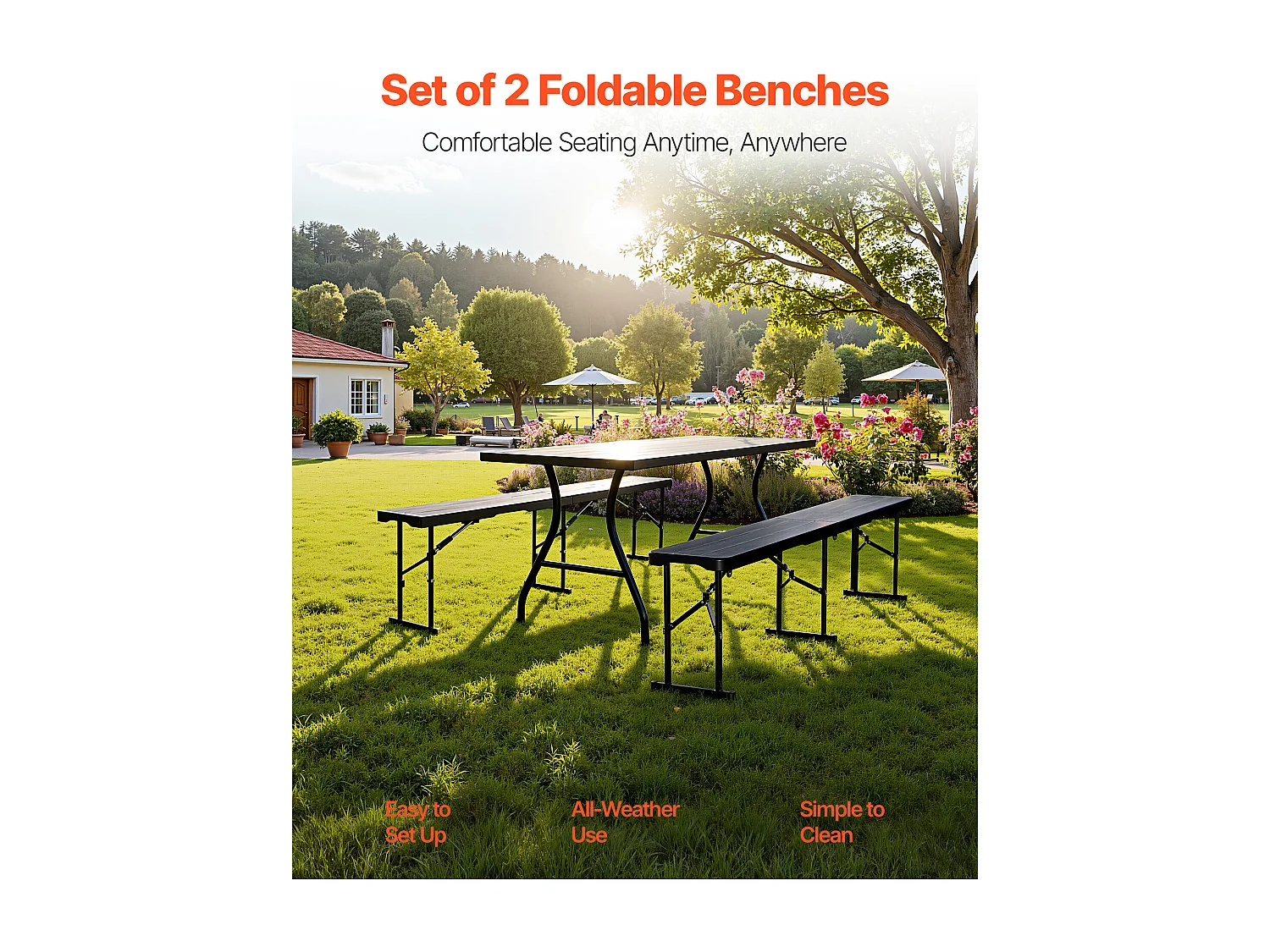 Banc Pliant SucceBuy, Portable en Plastique, 182,5 Cm, Banc de Camping, avec 2 Sacs de Transport, pour Football, Camping, Jardin, Noir, 2 Pièces