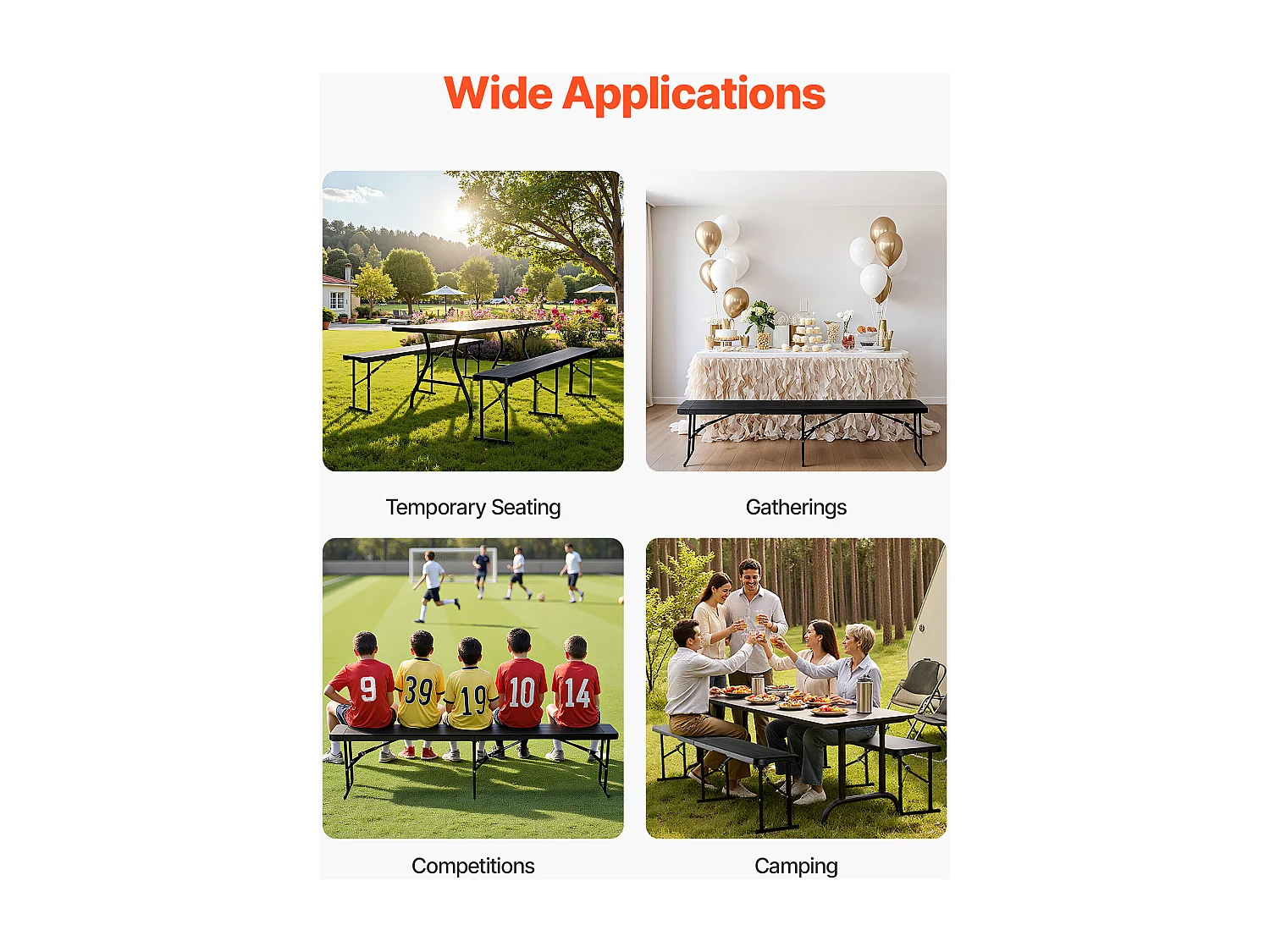 Banc Pliant SucceBuy, Portable en Plastique, 182,5 Cm, Banc de Camping, avec 2 Sacs de Transport, pour Football, Camping, Jardin, Noir, 2 Pièces