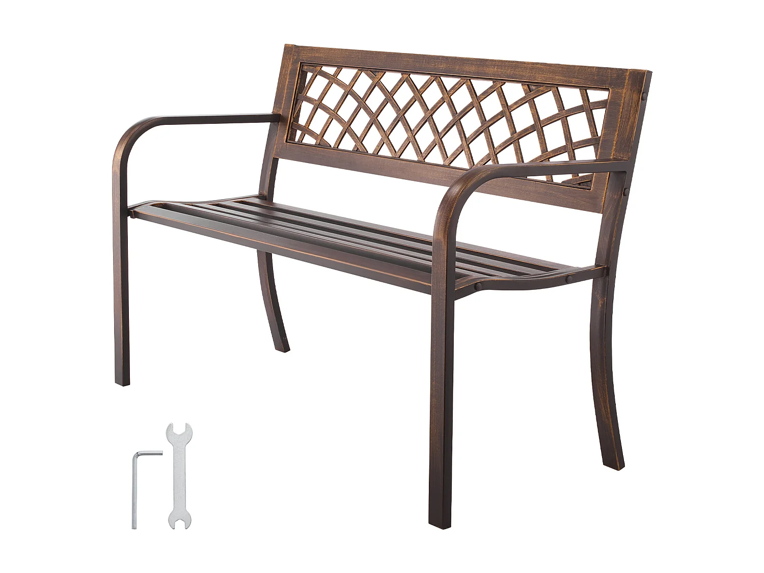 Banc de Jardin SucceBuy, 116 cm, Banquette d'Extérieur en Acier Carbone avec Dossier en Maille PVC et Accoudoirs à Bords Arrondis, Banc Résistant