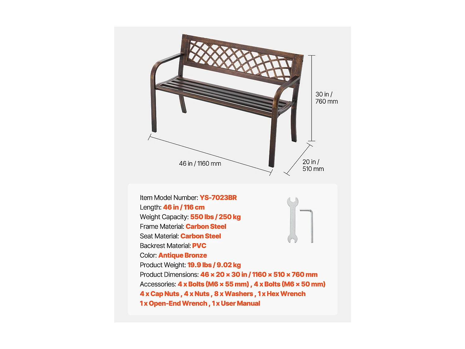 Banc de Jardin SucceBuy, 116 cm, Banquette d'Extérieur en Acier Carbone avec Dossier en Maille PVC et Accoudoirs à Bords Arrondis, Banc Résistant