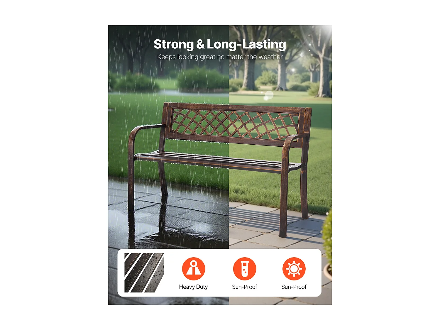 Banc de Jardin SucceBuy, 116 cm, Banquette d'Extérieur en Acier Carbone avec Dossier en Maille PVC et Accoudoirs à Bords Arrondis, Banc Résistant