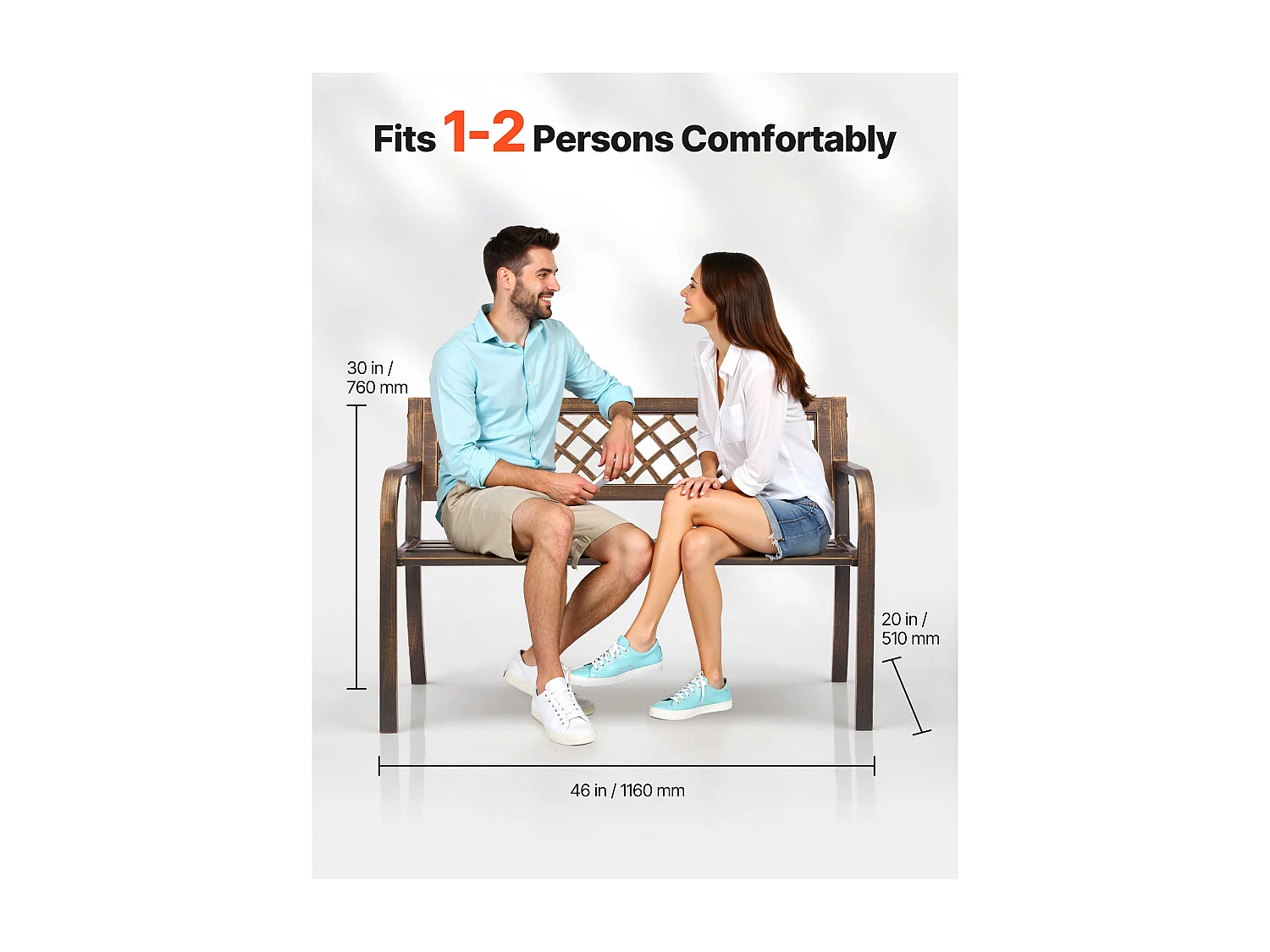 Banc de Jardin SucceBuy, 116 cm, Banquette d'Extérieur en Acier Carbone avec Dossier en Maille PVC et Accoudoirs à Bords Arrondis, Banc Résistant