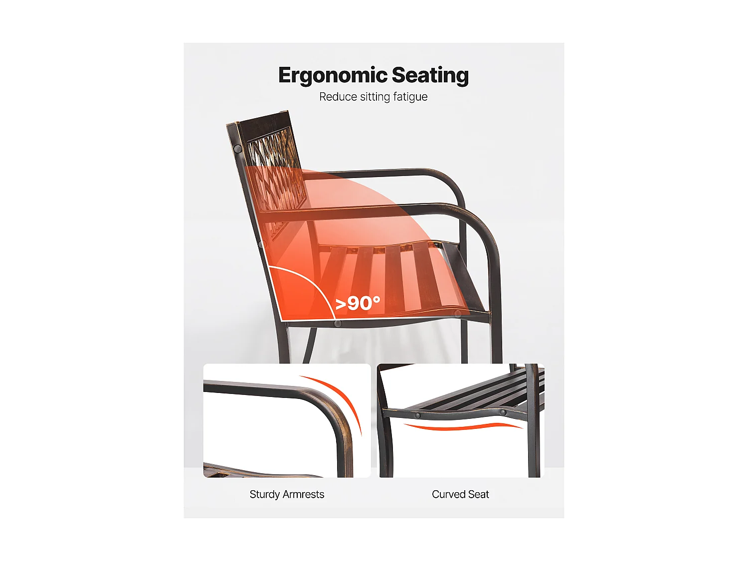 Banc de Jardin SucceBuy, 116 cm, Banquette d'Extérieur en Acier Carbone avec Dossier en Maille PVC et Accoudoirs à Bords Arrondis, Banc Résistant