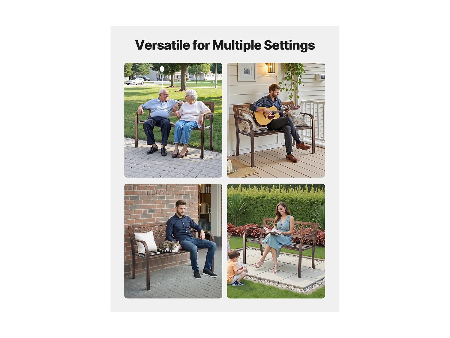 Banc de Jardin SucceBuy, 116 cm, Banquette d'Extérieur en Acier Carbone avec Dossier en Maille PVC et Accoudoirs à Bords Arrondis, Banc Résistant