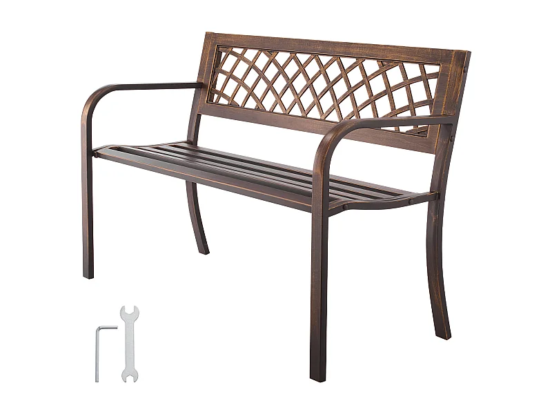 Banc de Jardin SucceBuy, 116 cm, Banquette d'Extérieur en Acier Carbone avec Dossier en Maille PVC et Accoudoirs à Bords Arrondis, Banc Résistant