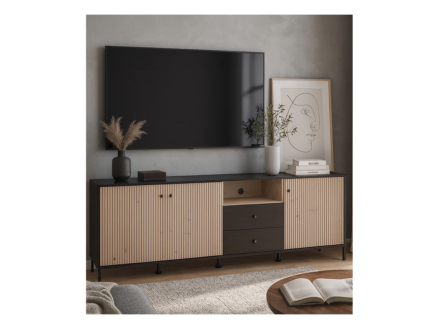 Mueble TV de 74x208x40 cm melamina y frentes alistonados color ébano y roble artisan Tania