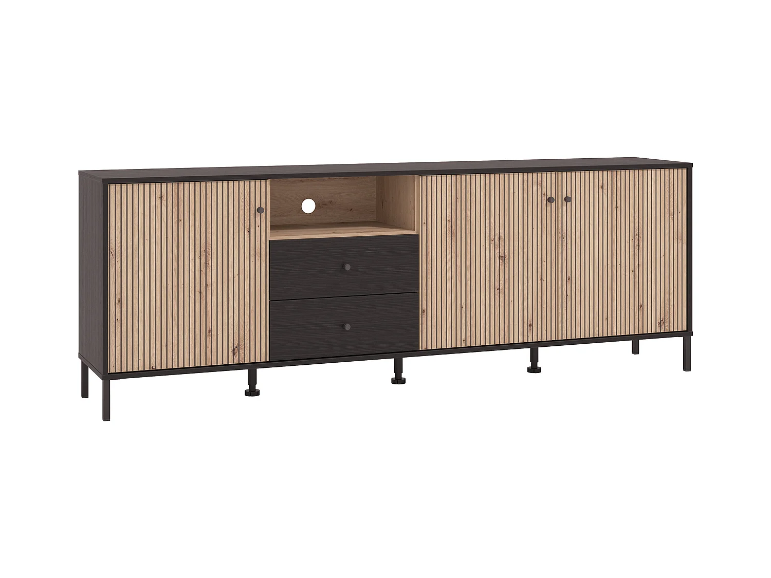 Mueble TV de 74x208x40 cm melamina y frentes alistonados color ébano y roble artisan Tania