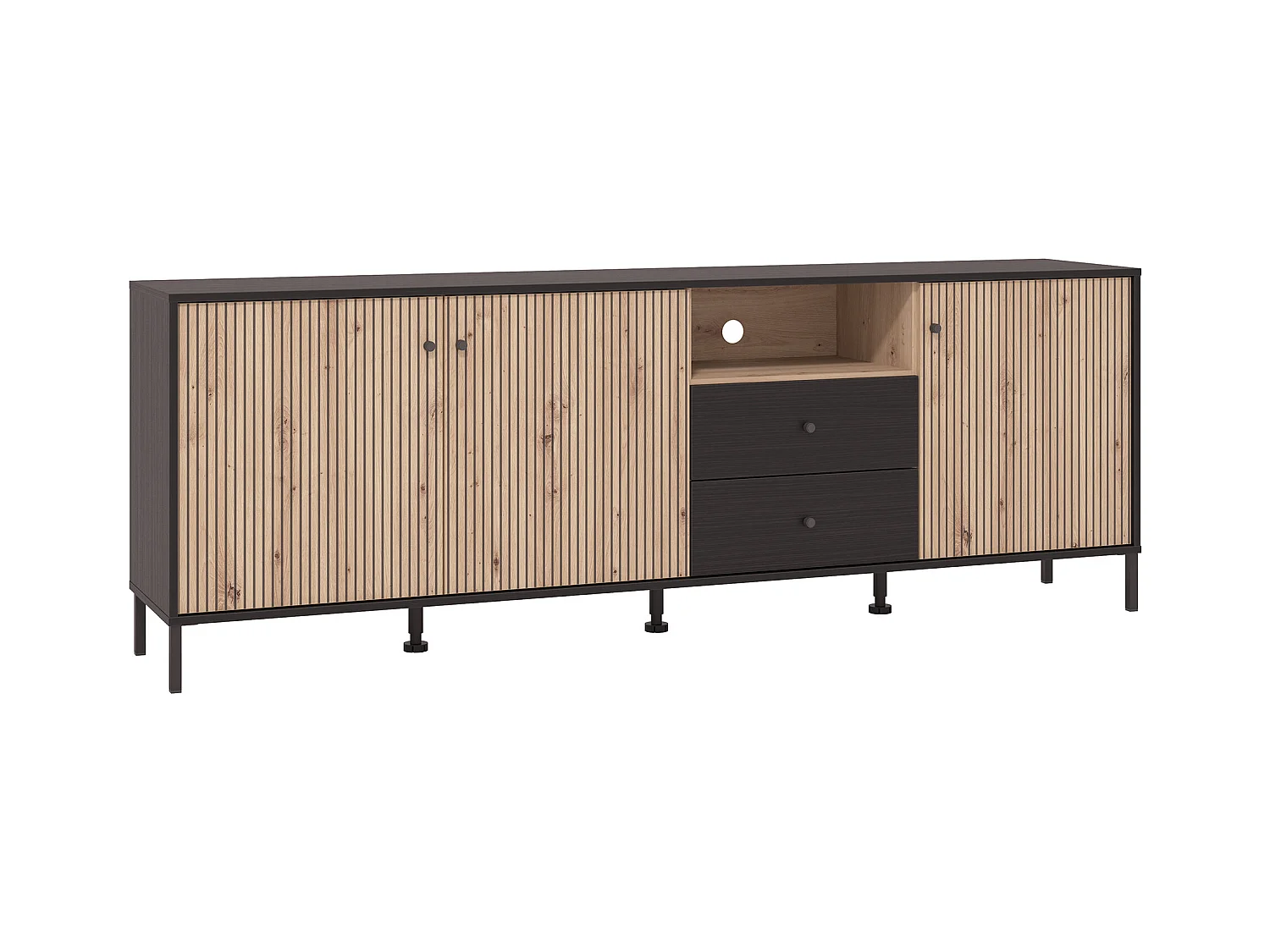 Mueble TV de 74x208x40 cm melamina y frentes alistonados color ébano y roble artisan Tania