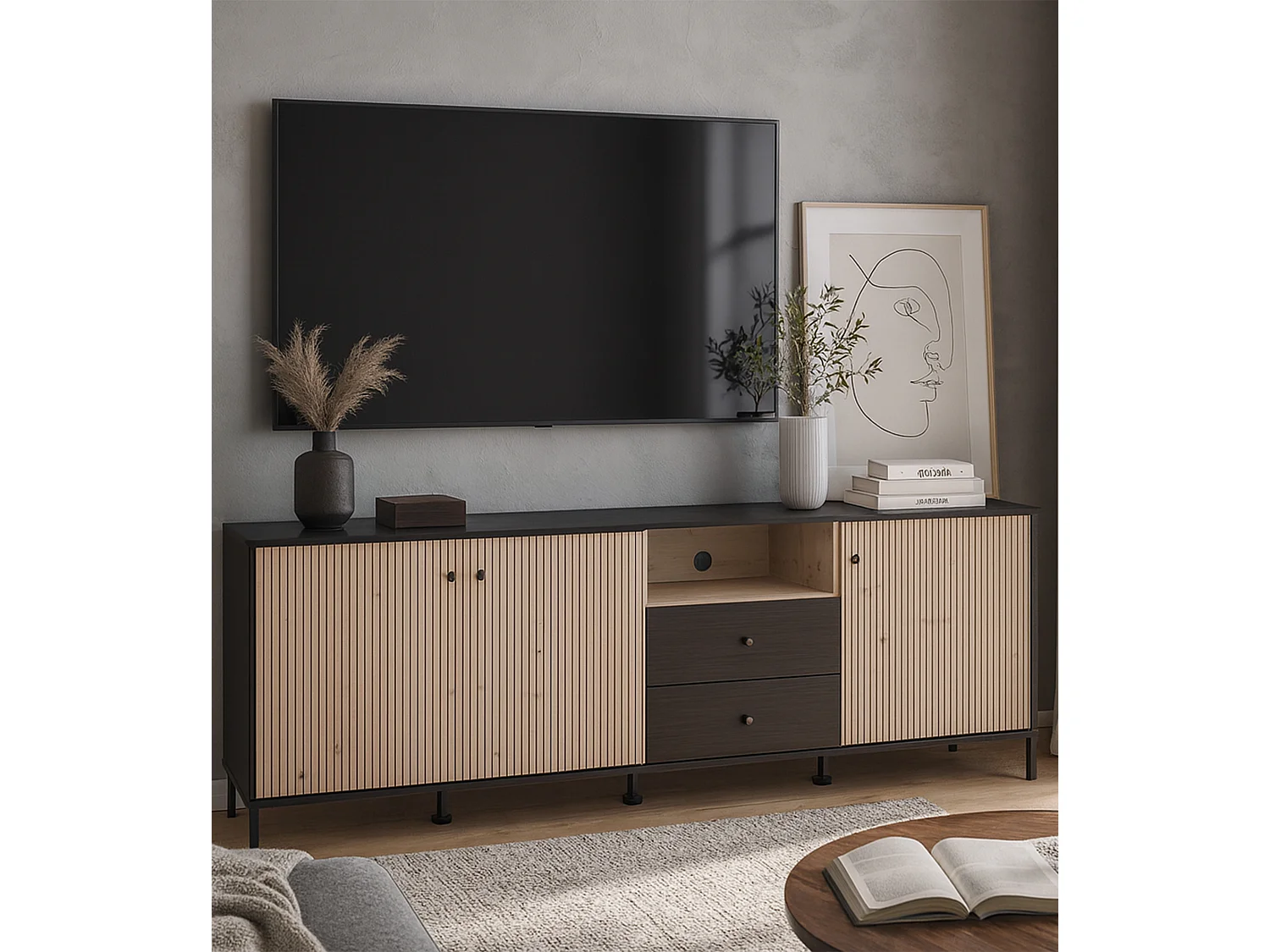 Mueble TV de 74x208x40 cm melamina y frentes alistonados color ébano y roble artisan Tania