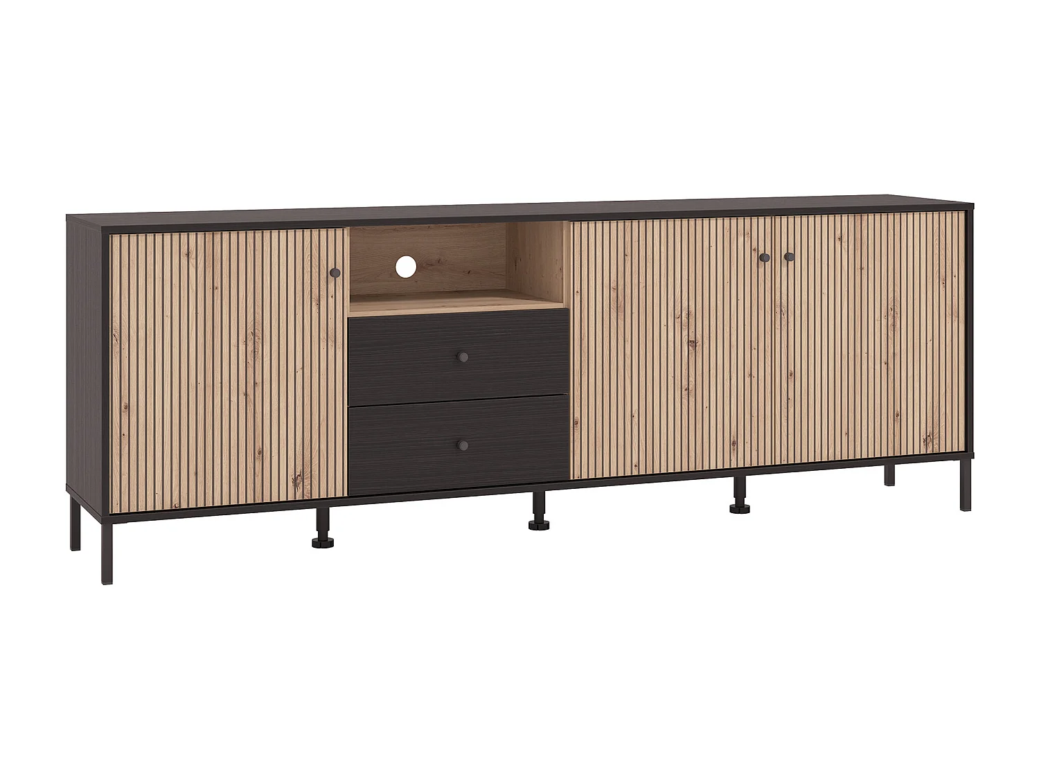 Mueble TV de 74x208x40 cm melamina y frentes alistonados color ébano y roble artisan Tania