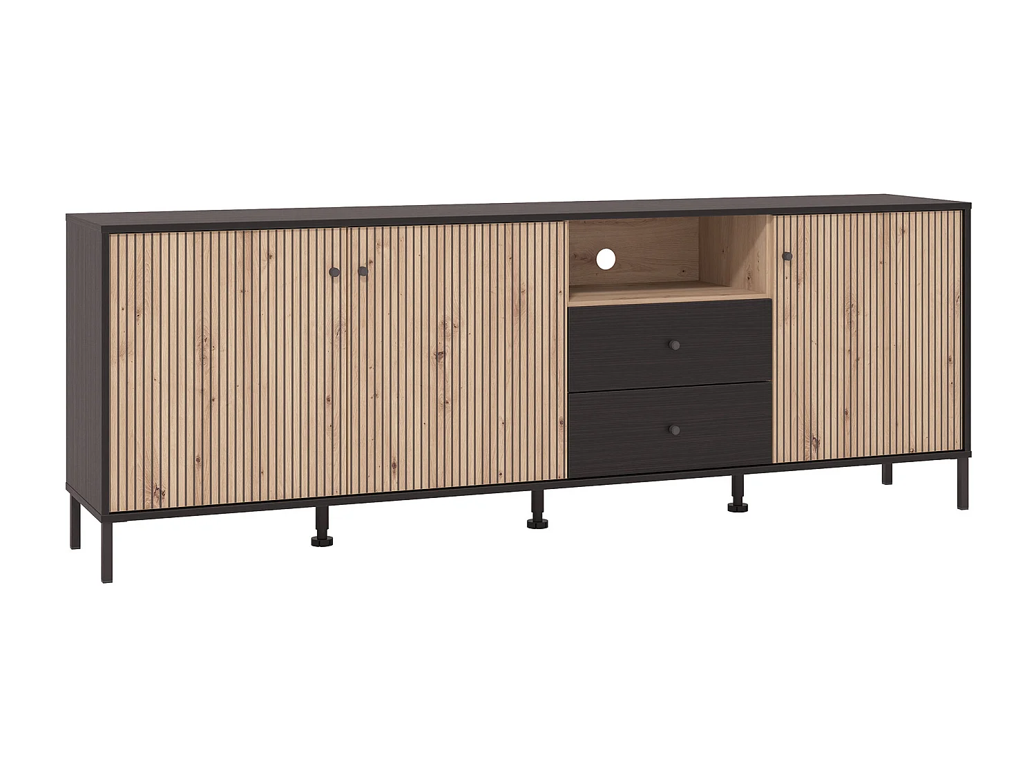 Mueble TV de 74x208x40 cm melamina y frentes alistonados color ébano y roble artisan Tania