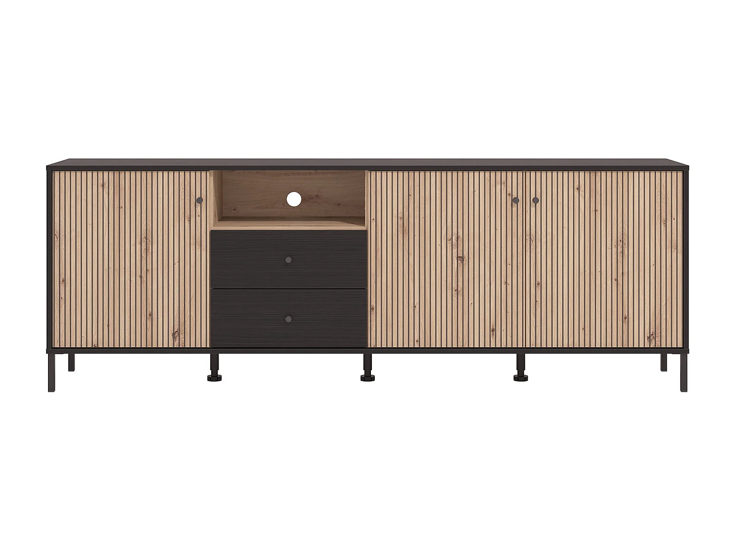 Mueble TV de 74x208x40 cm melamina y frentes alistonados color ébano y roble artisan Tania