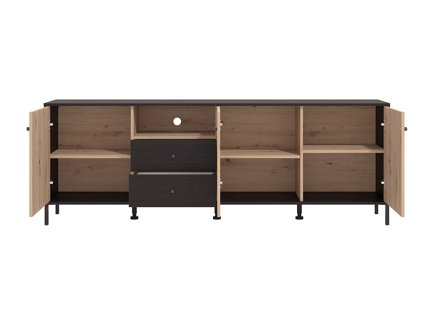 Mueble TV de 74x208x40 cm melamina y frentes alistonados color ébano y roble artisan Tania