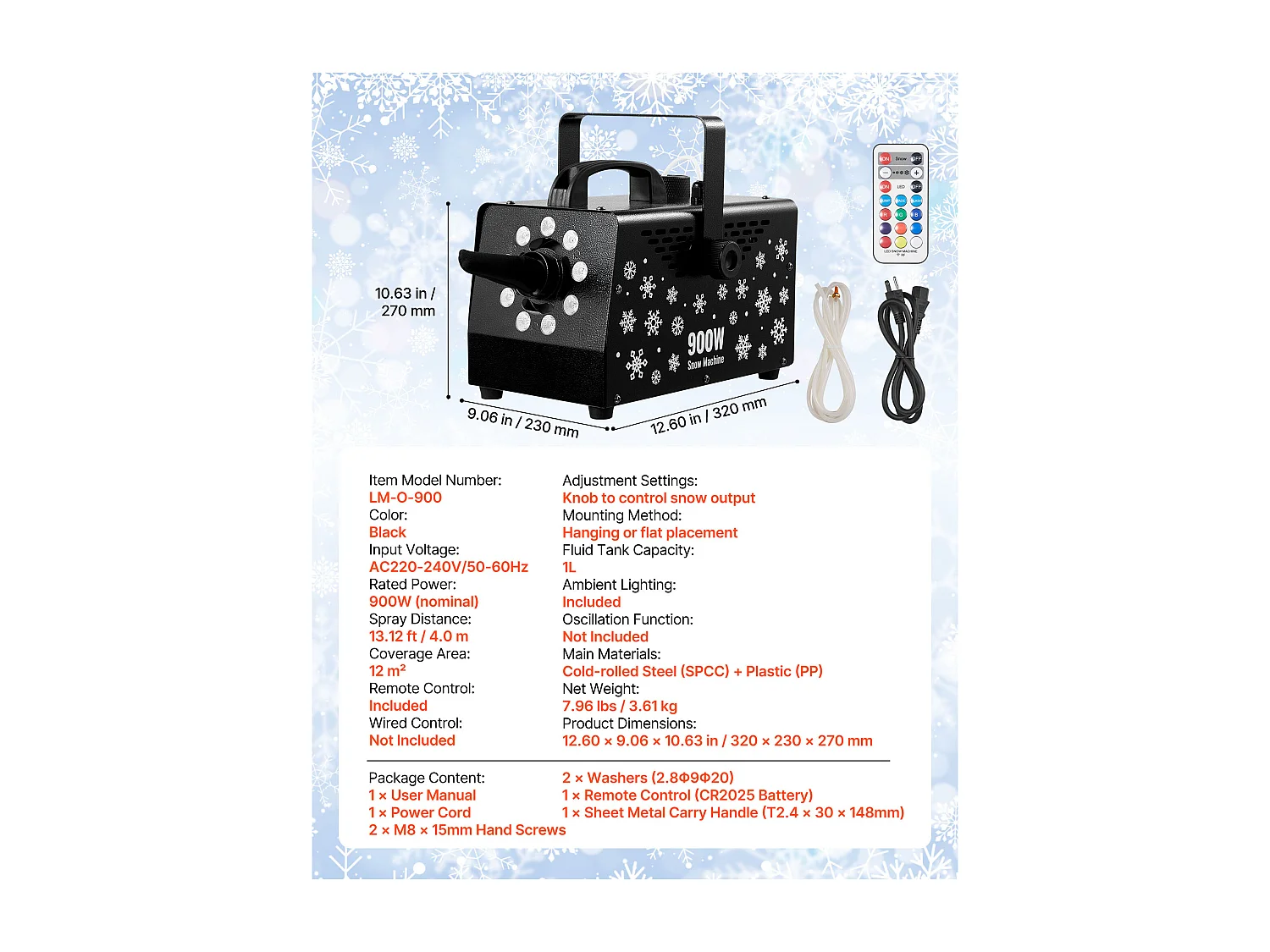 Machine à Neige SucceBuy 900 W, Machine à Flocons de Neige Artificielle Portative Suspendue, avec Lumière Ambiante, Télécommande sans Fil, Réservoir 1 L