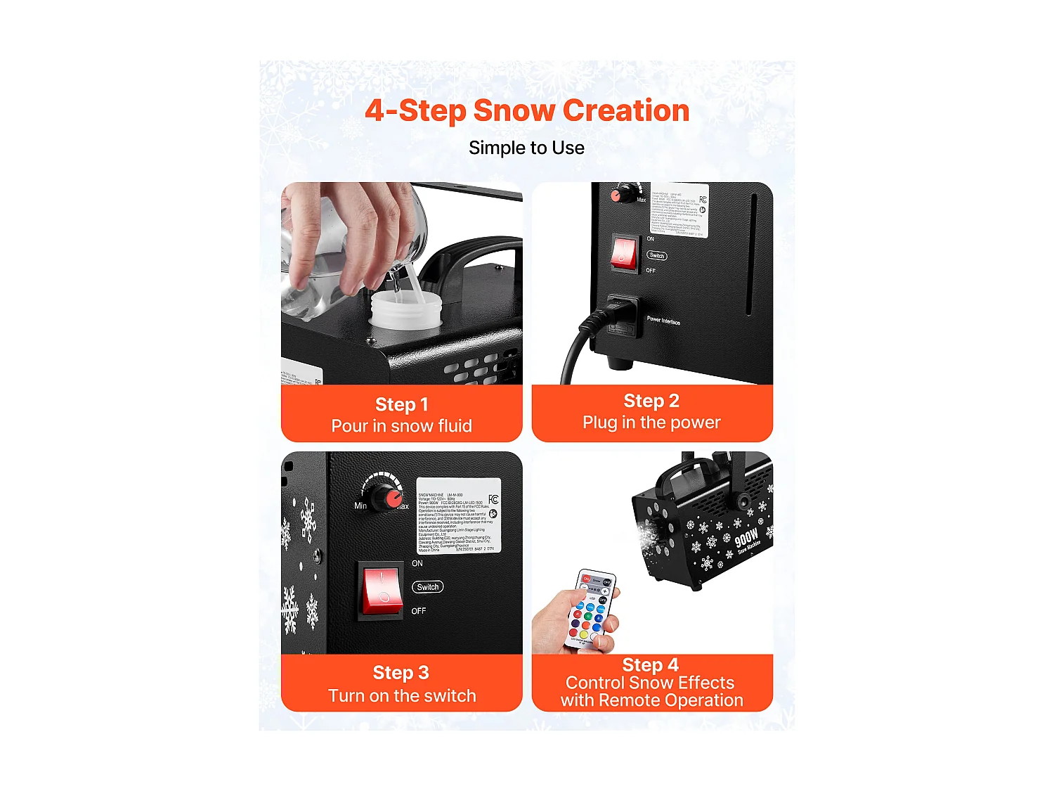 Machine à Neige SucceBuy 900 W, Machine à Flocons de Neige Artificielle Portative Suspendue, avec Lumière Ambiante, Télécommande sans Fil, Réservoir 1 L