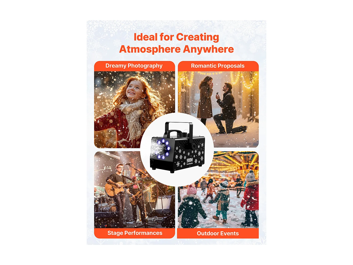 Machine à Neige SucceBuy 900 W, Machine à Flocons de Neige Artificielle Portative Suspendue, avec Lumière Ambiante, Télécommande sans Fil, Réservoir 1 L