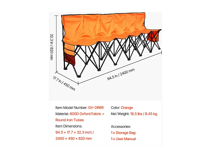 Banc Pliant SucceBuy, Portable à 6 Places, Banc de Camping Pliable avec Poches de Rangement et Sac de Transport, pour Événements en Plein Air, Orange