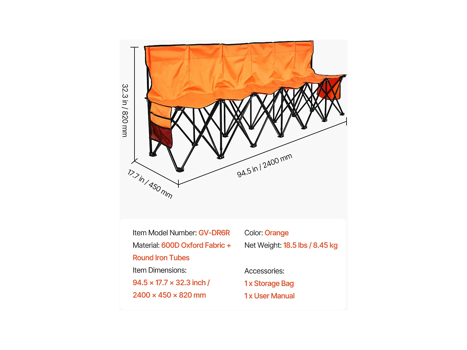 Klapbank SucceBuy, Draagbaar, 6 Zitplaatsen, Opvouwbare Campingbank met Opbergvakken en Draagtas, voor Buitenevenementen, Oranje