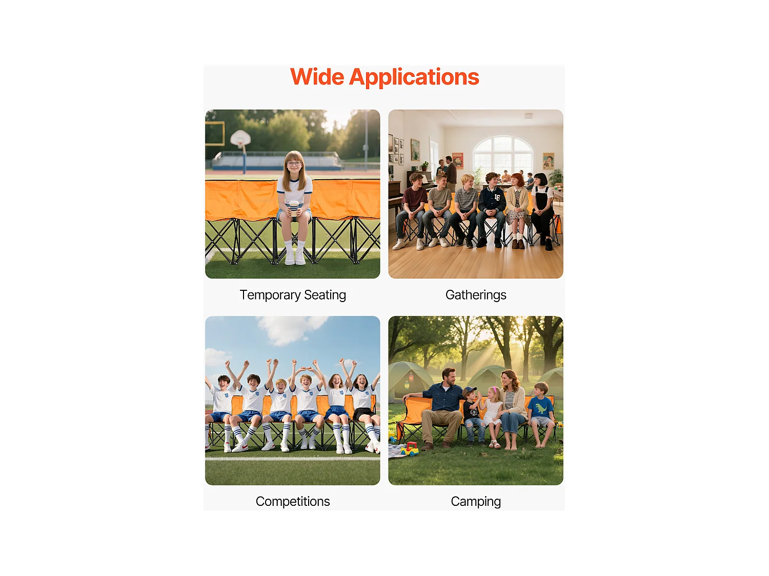 Klapbank SucceBuy, Draagbaar, 6 Zitplaatsen, Opvouwbare Campingbank met Opbergvakken en Draagtas, voor Buitenevenementen, Oranje