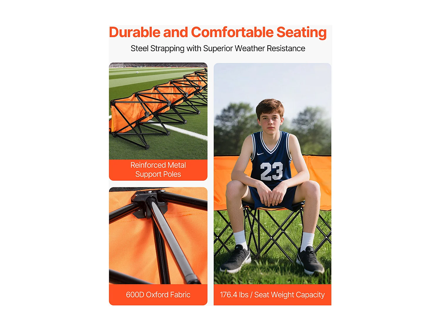 Banco Dobrável SucceBuy, Portátil com 6 Lugares, Banco de Campismo Dobrável com Bolsos de Arrumação e Saco de Transporte, para Eventos ao Ar Livre, Laranja