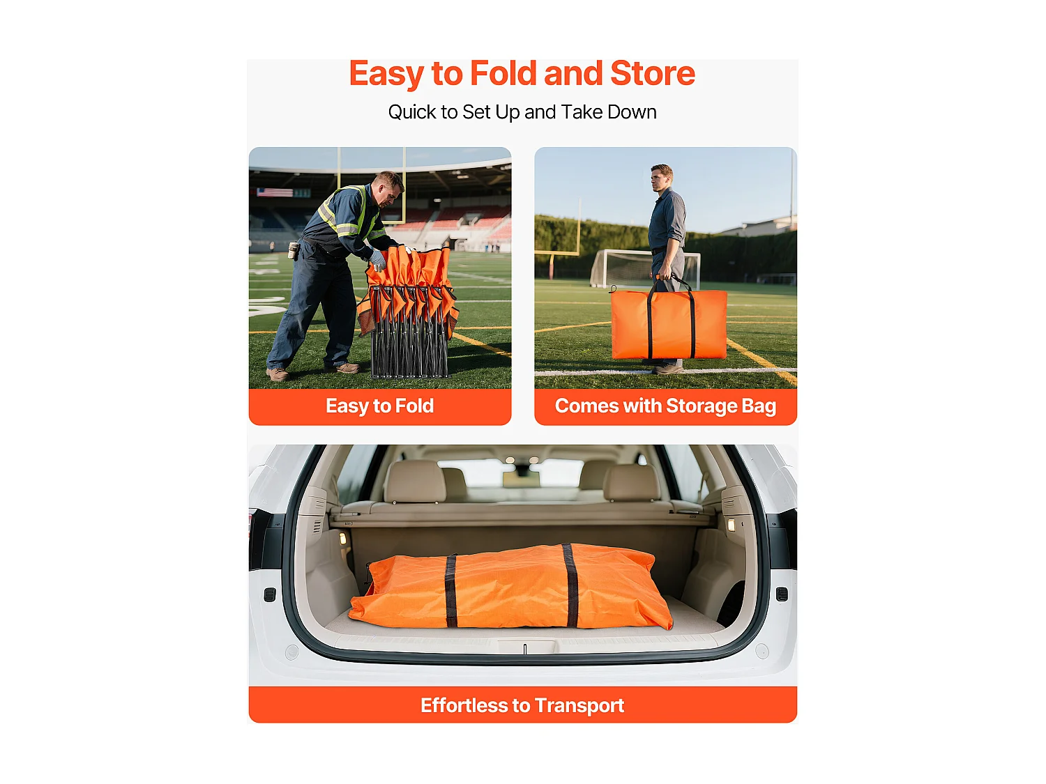 Banco Dobrável SucceBuy, Portátil com 6 Lugares, Banco de Campismo Dobrável com Bolsos de Arrumação e Saco de Transporte, para Eventos ao Ar Livre, Laranja