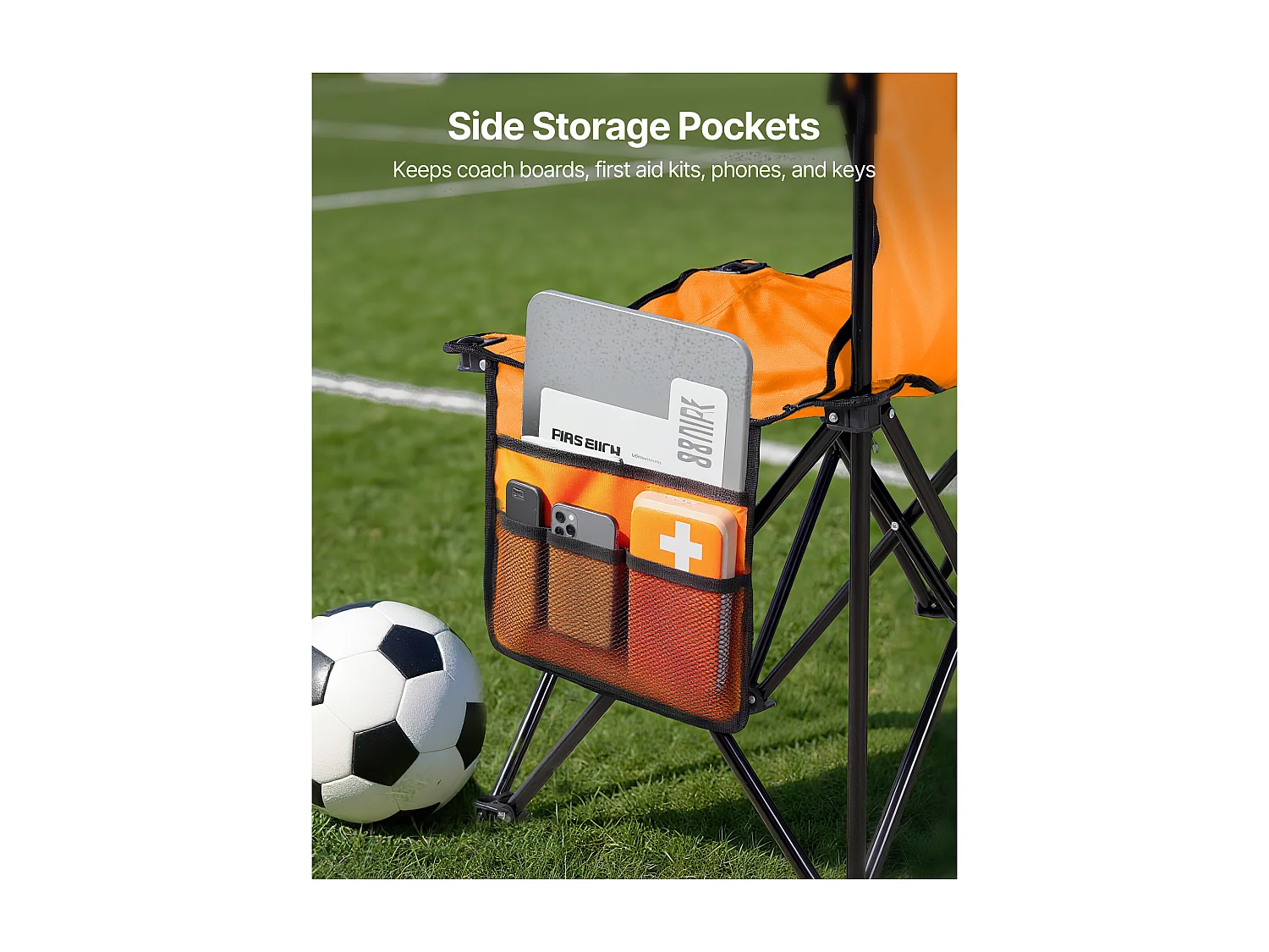 Banco Dobrável SucceBuy, Portátil com 6 Lugares, Banco de Campismo Dobrável com Bolsos de Arrumação e Saco de Transporte, para Eventos ao Ar Livre, Laranja