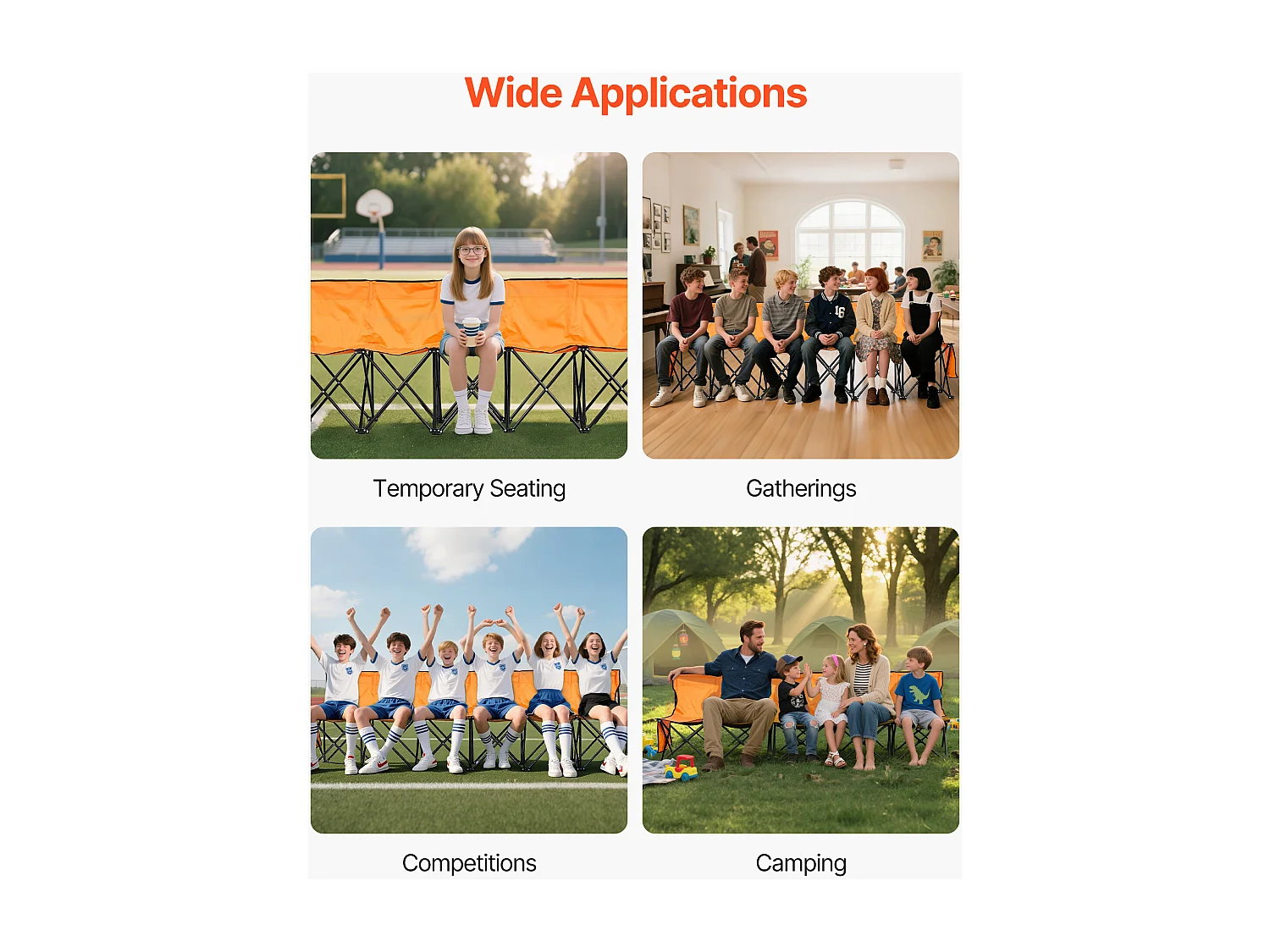 Banco Dobrável SucceBuy, Portátil com 6 Lugares, Banco de Campismo Dobrável com Bolsos de Arrumação e Saco de Transporte, para Eventos ao Ar Livre, Laranja