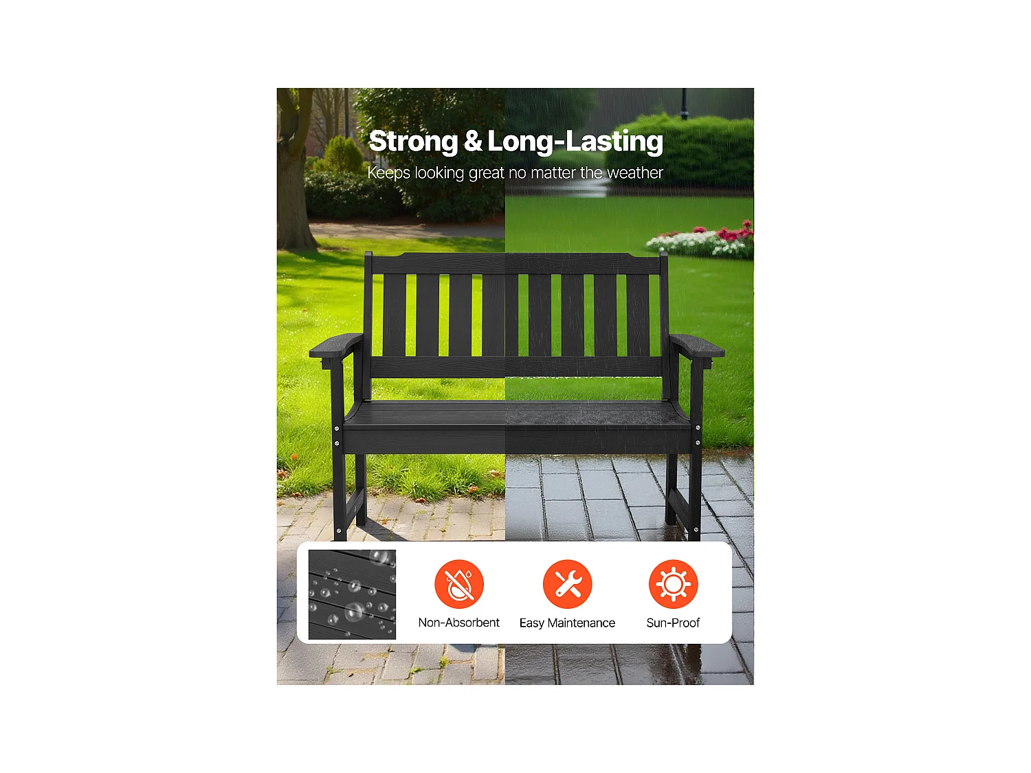 Banc de Jardin SucceBuy, 128 cm, Banquette d'Extérieur avec Capacité de Charge de 363 kg, Résistant aux Intempéries avec Dossier et Accoudoirs Larges