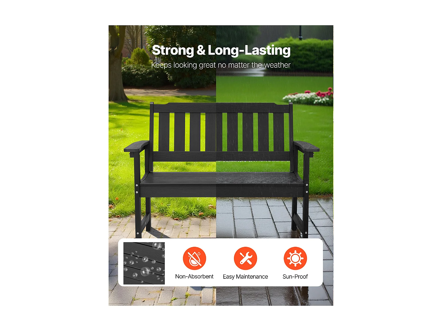 Banc de Jardin SucceBuy, 128 cm, Banquette d'Extérieur avec Capacité de Charge de 363 kg, Résistant aux Intempéries avec Dossier et Accoudoirs Larges